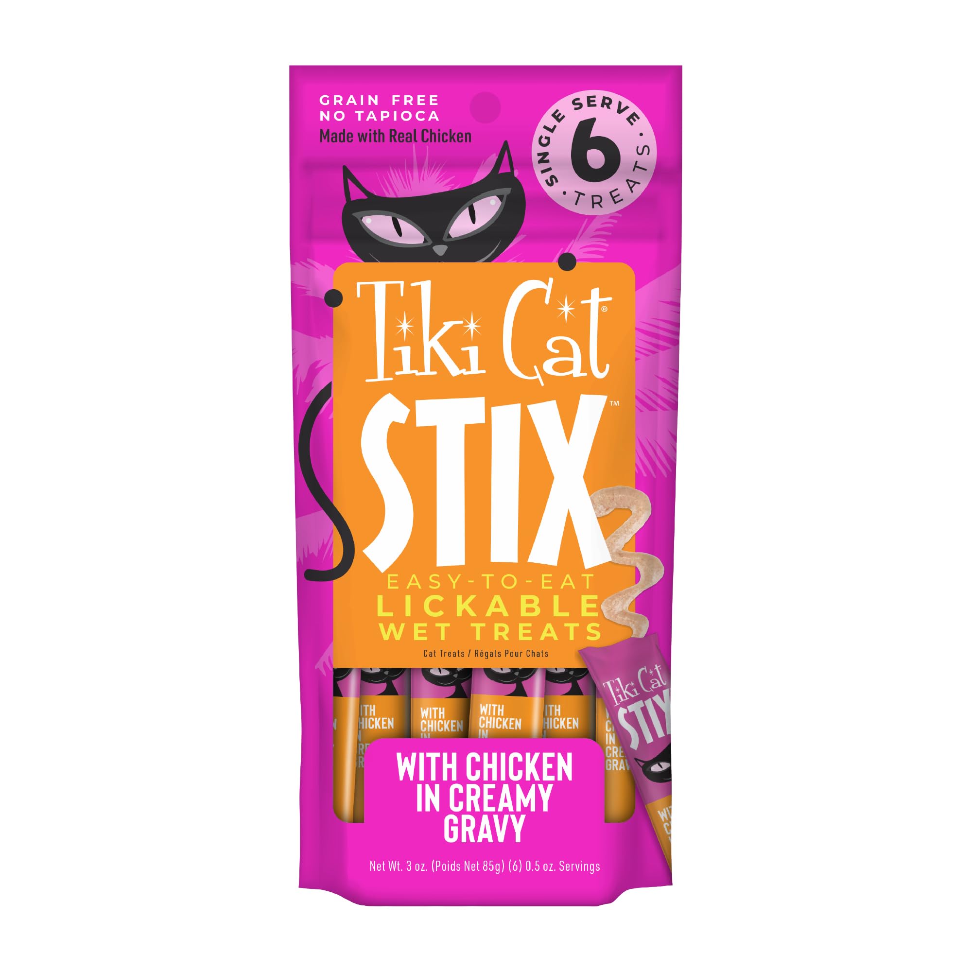 Tiki Cat Stix Mousse Treats, Single Serve Indulgent Lickable Treat or Dry Food Topper, with Chicken in Creamy Gravy, 3 oz. Pouch (Pack of 6)