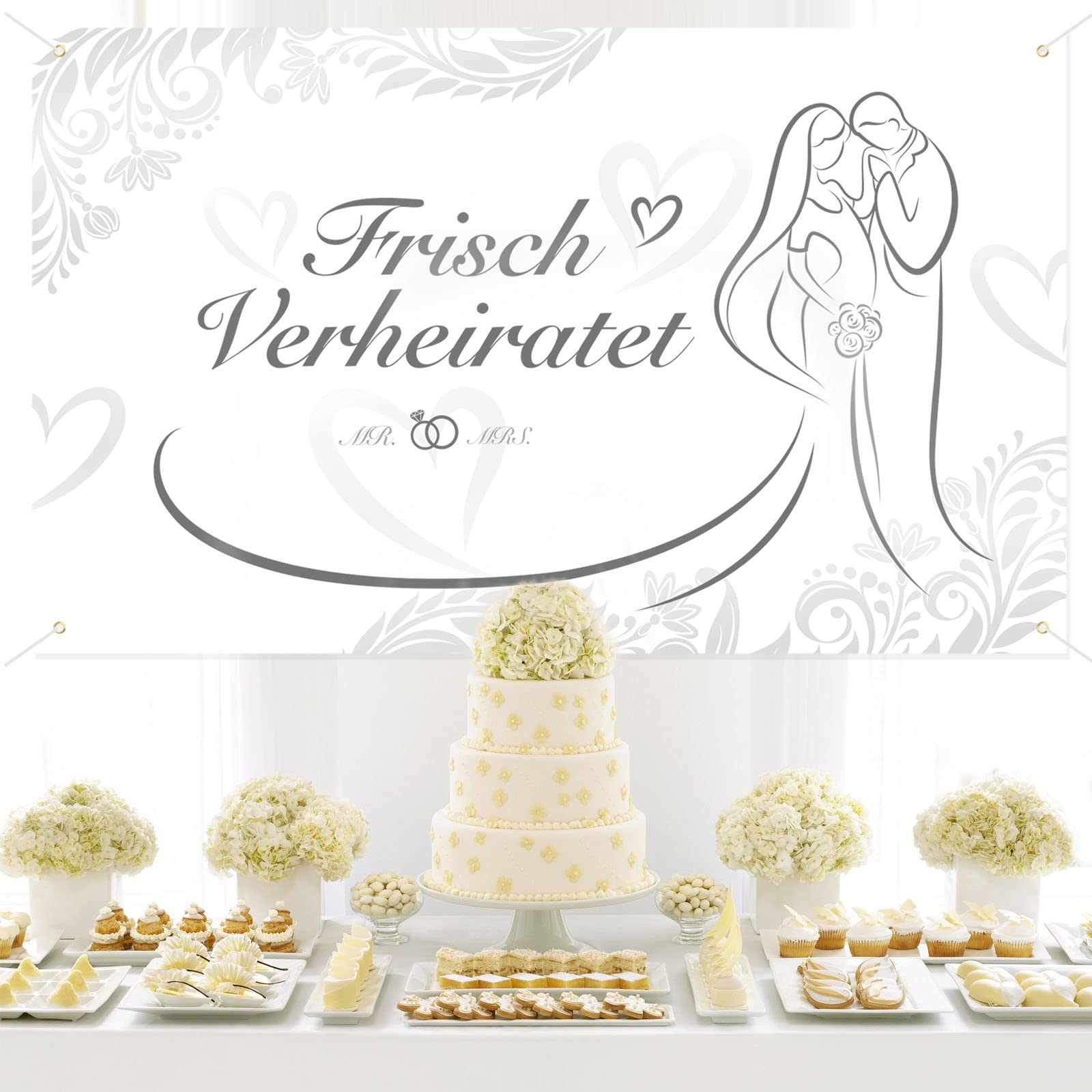 DPKOW Groß Frisch Verheiratet Banner Silber MrMrs Hochzeits Bannerfür