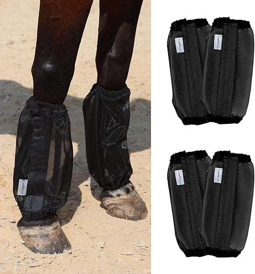 Universal Size Horse Leggings Fine Mesh Horse Fly Boots Greatly Reduce Stomping Breathable Horse Boots Leg Wraps (Set of 4) Black