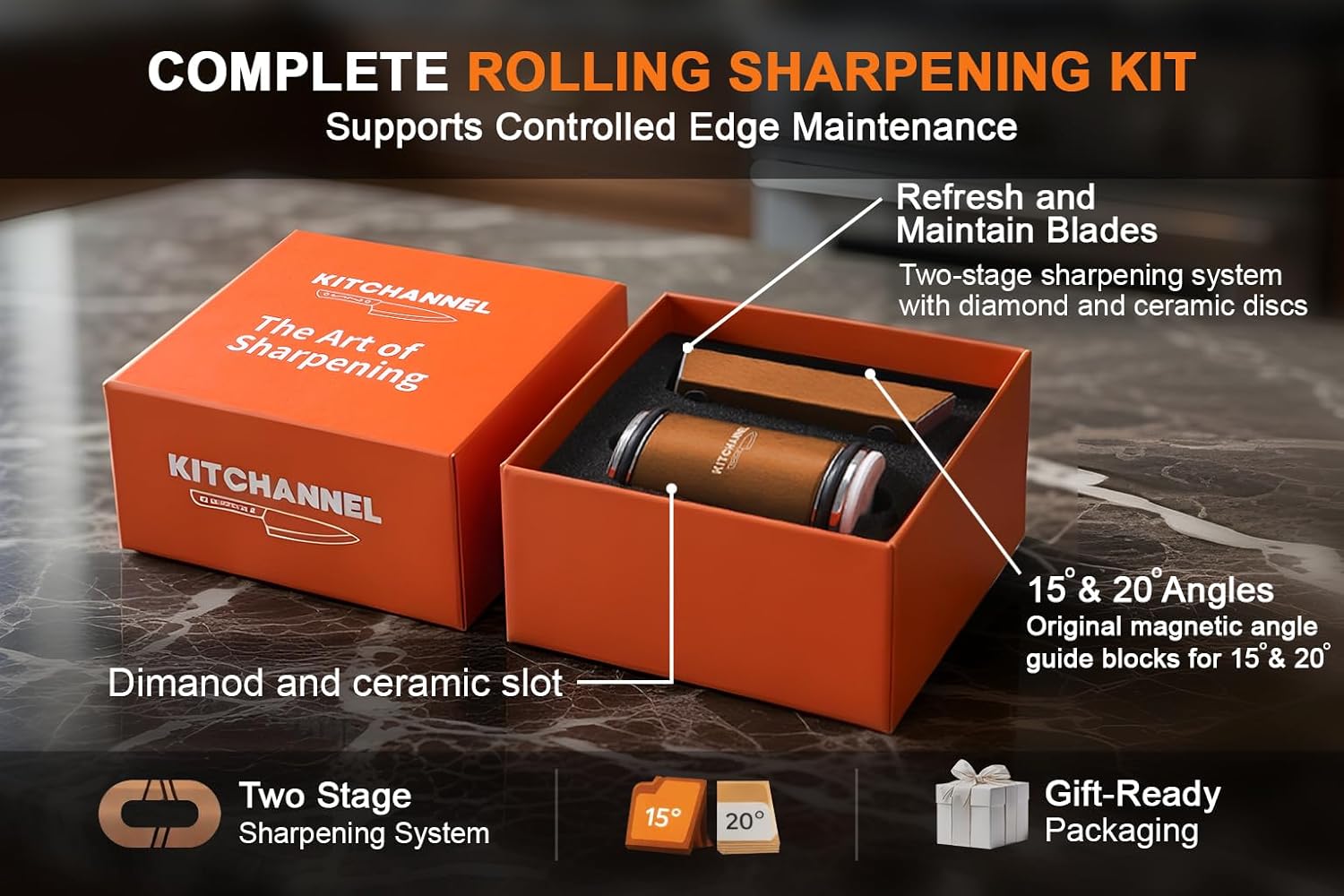 Rolling Knife Sharpener Kit – Diamond & Ceramic Manual Sharpening System with 15° & 20° Magnetic Angle Guides for Stainless Steel Kitchen Knives