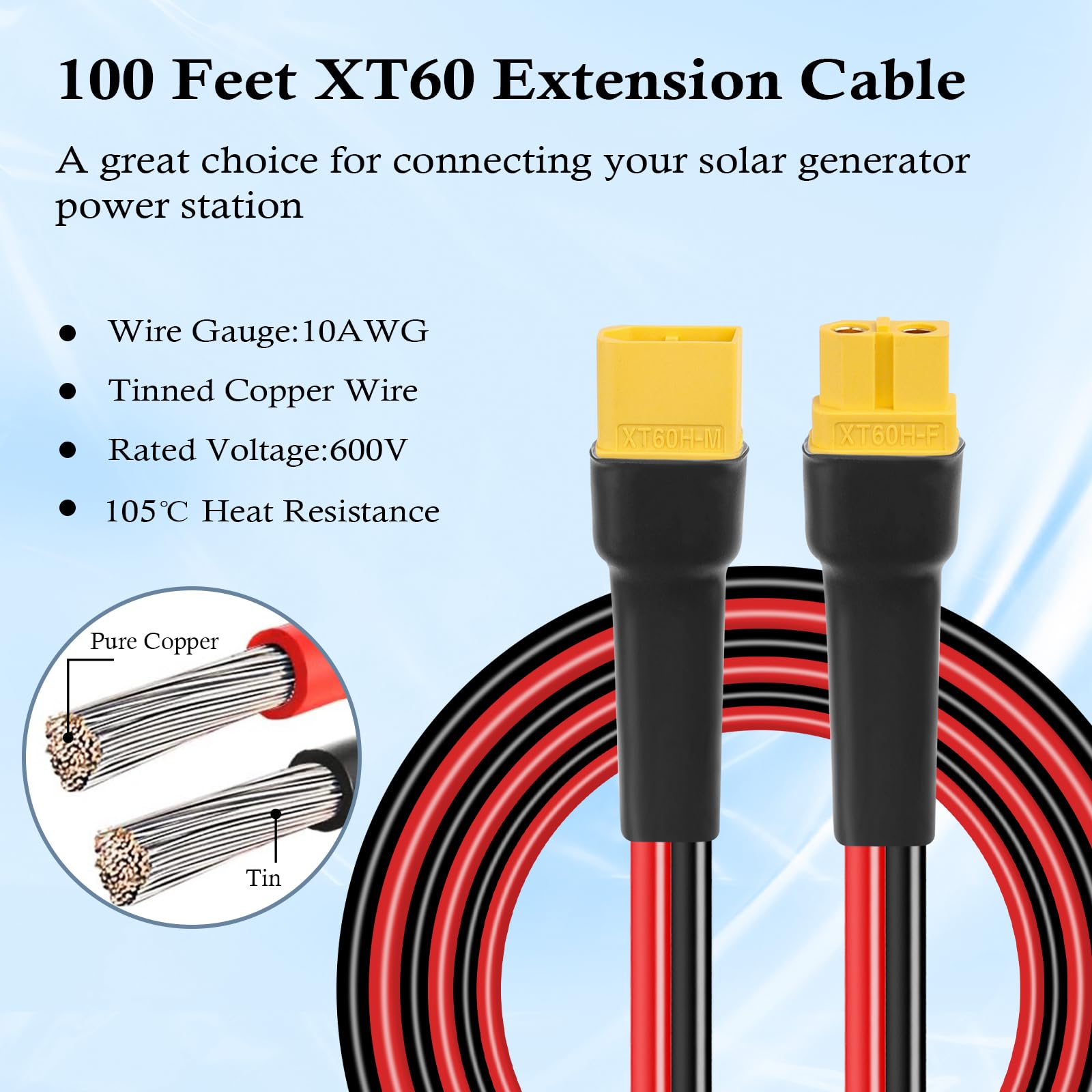 MOOKEERF XT60 - Cable de extensión de 10 AWG de 100 pies XT60 a XT60 con conector macho a hembra para estación de energía portátil, panel solar, batería RC
