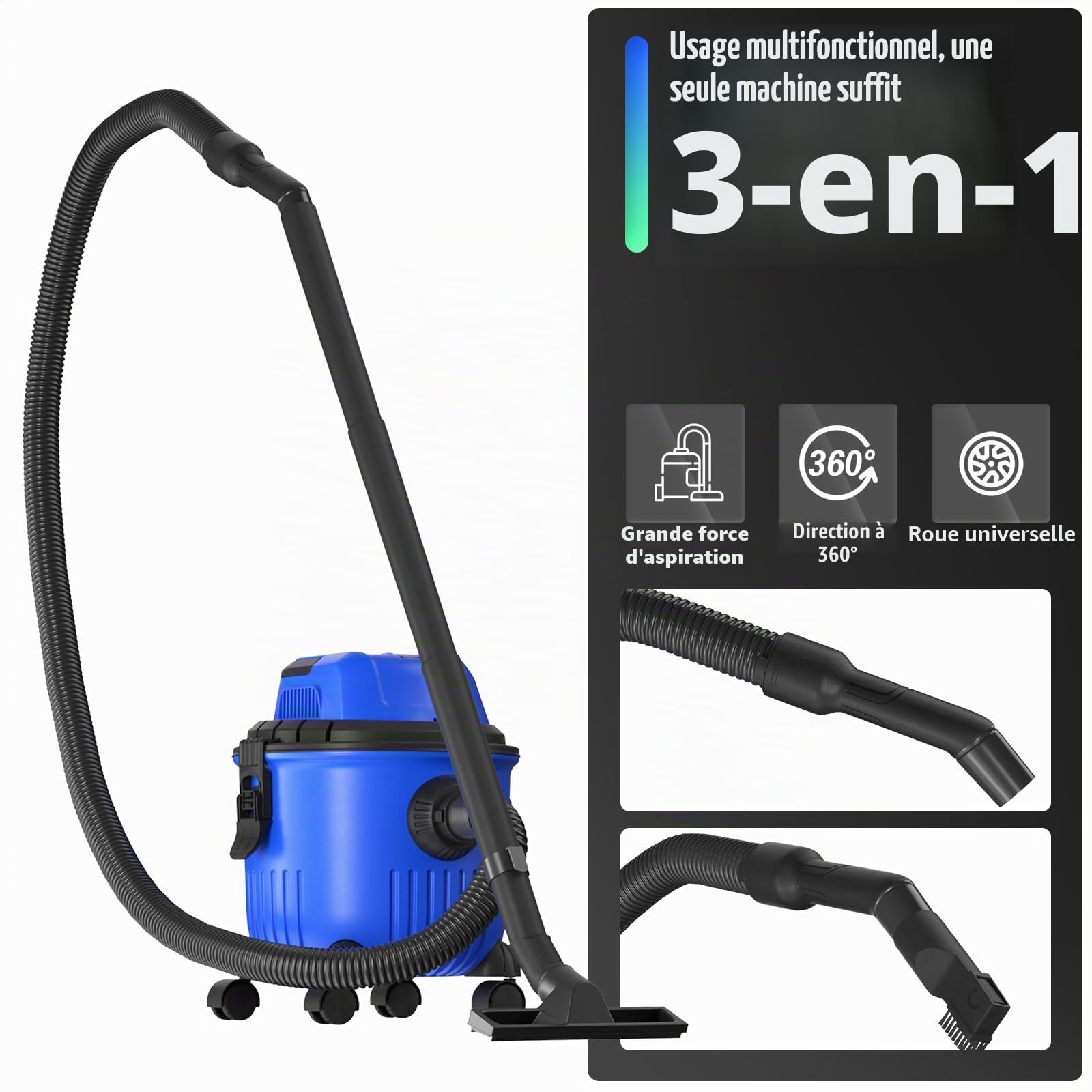 Aspirateur sec et humide 3-en-1, aspirateur industriel avec moteur puissant de 2000W, fonction de soufflage, réservoir de 15L, filtres HEPA lavables, pour la maison, l'atelier et l'usage professionnel