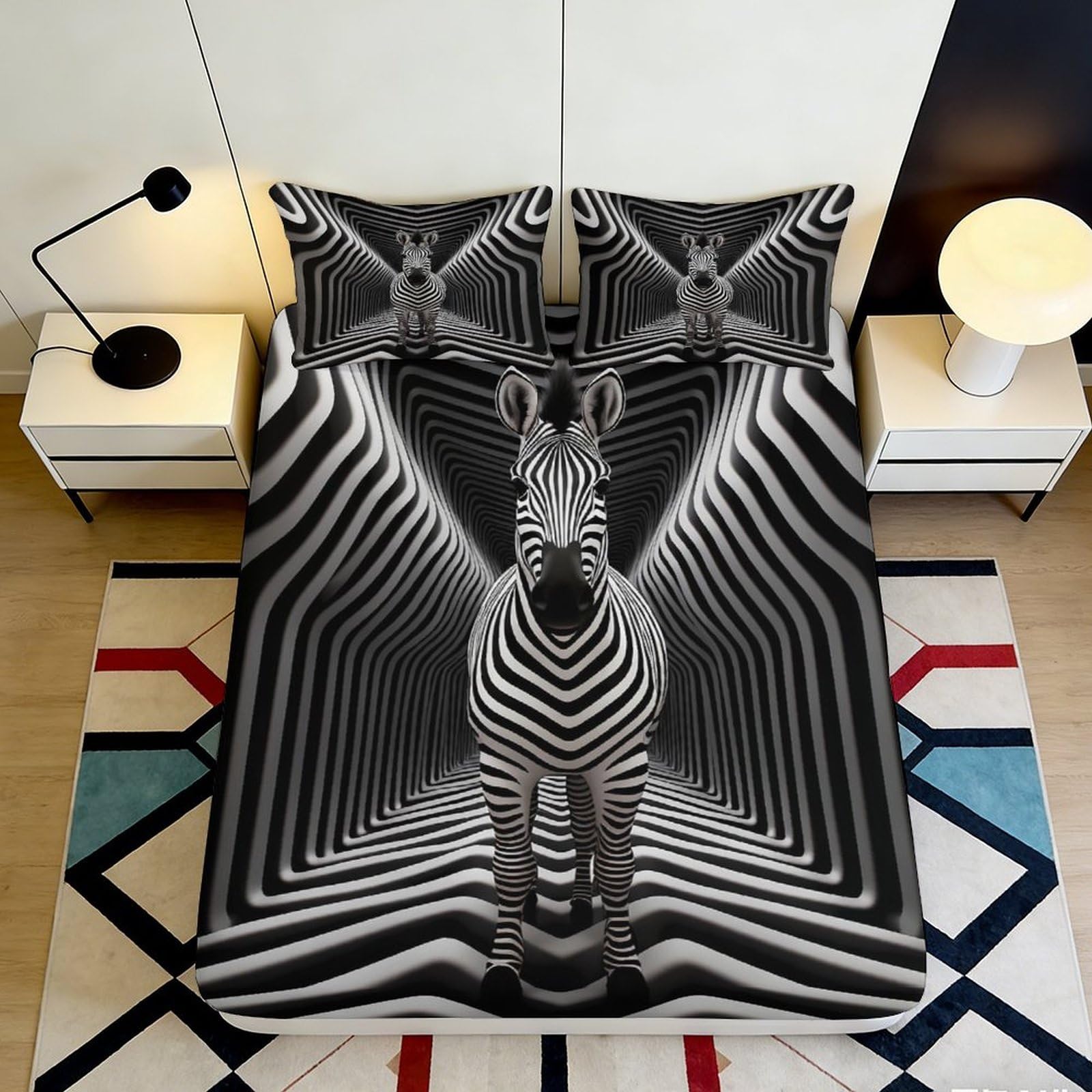 3D Printed Zebra Illusion Fitted Sheet Microfiber Soft Breathable Optical Stripe Bed Cover for Bedroom Guestroom Decor 120x200x25cm