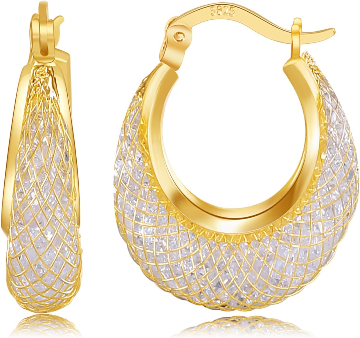 14K Gold Plated 23–25mm Lightweight Mesh Hoop Earrings for Women, Cubic Zirconia, 925 Sterling Silver Post, Hypoallergenic