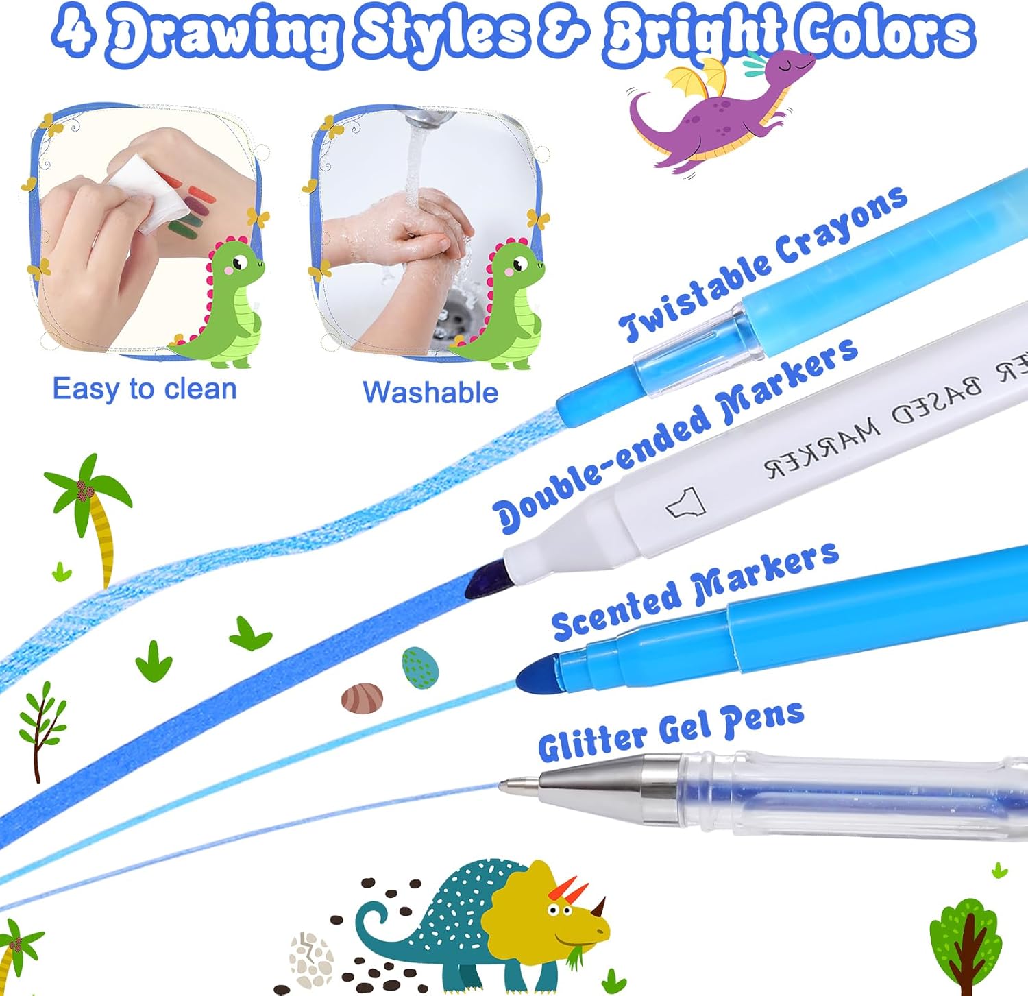 Dinosaur Markers for Kids 4-8 with Pencil Case, Cool Birthday Dinosaur Gifts for Boys, 48PCS Scented Markers Gifts for Boys 4-6, Coloring Pens Art Supplies School Gift for Kids Ages 4 5 6 7 8 9 10