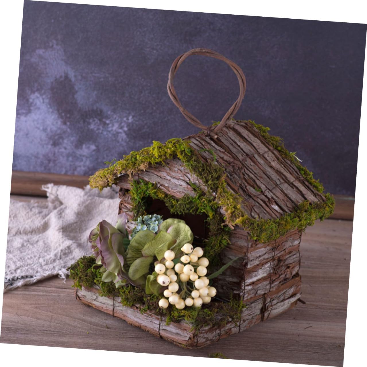 Operitacx Hanging Wooden Birdhouse with Moss Bark Nest Creative Garden Birds Shelter for Backyard Wildlife Natural Rustic Bird Nest for Sparrows