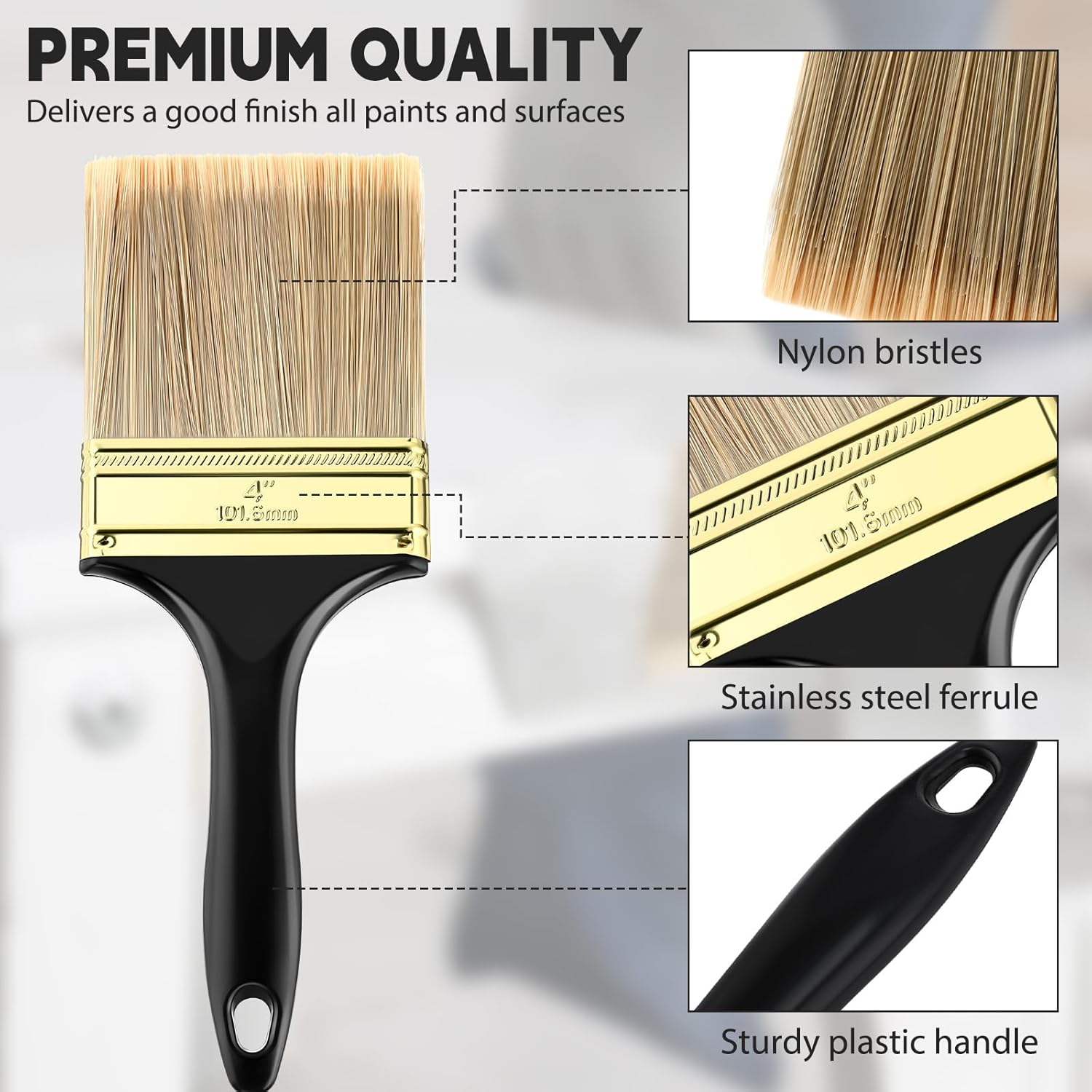 16 Pcs 4 Inch Paint Brushes Flat Chip Paintbrushes Bulk with Treated Plastic Handles Professional Painting Tools for Paint Stains Deck Door Furniture Home Wall Trim DIY