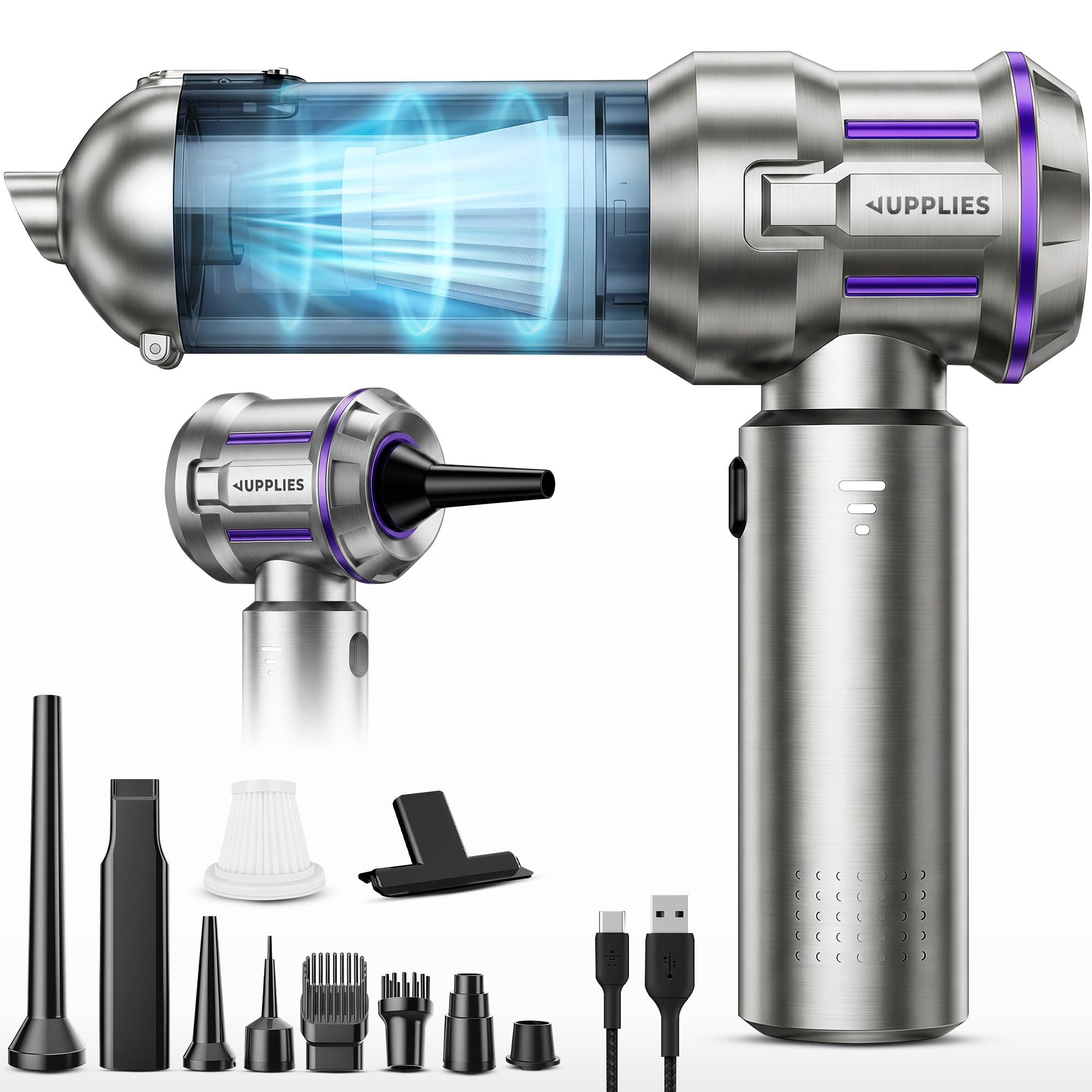 JUPPLIES Aspirador de Mano Inalámbrico Potente, 25000 PA, 3 Intensidades | 4 en 1: Succión, Soplado, Inflado, Vacío | 9 Accesorios, Motor Sin Escobillas | Mini Aspiradora Hogar Coche (Gris)