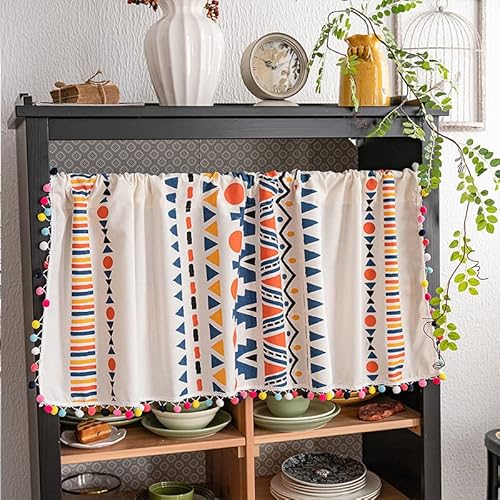 Erwinmu Boho Kitchen Window Curtain and Valances-Farmhouse Bohemian Colored Striped Geometry Panel for Living Room Kitchen Café Dining Room Short Window Valances-59×35 Inches