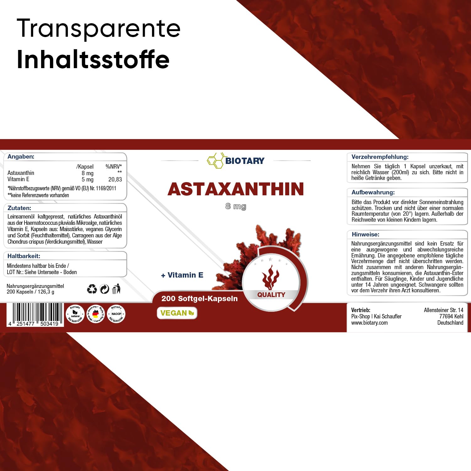 Astaxanthin 8mg 200 Softgel Kapseln aus Haematococcus Pluvialis Alge inklusive Vitamin E und Pillenbox 6.5 Monate Vorrat 100% vegan reine Rezeptur geprüfte Qualität
