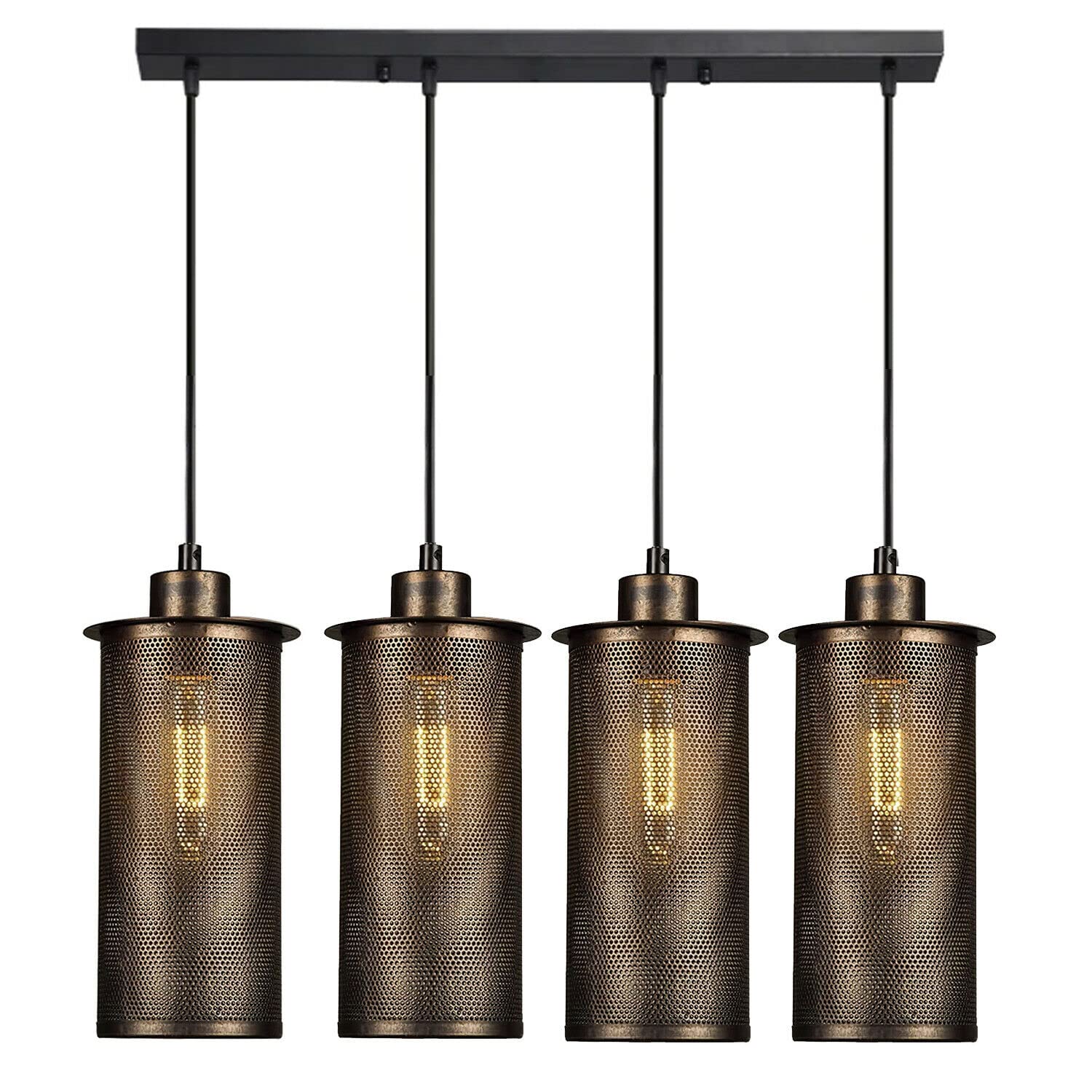 LEDSone Vintage Retro 4 Way Ceiling Pendant Light Cluster Light Fitting Brushed Copper Barrel Cage Lampshades, UK E27 Holder Lighting Kit (4 Head)