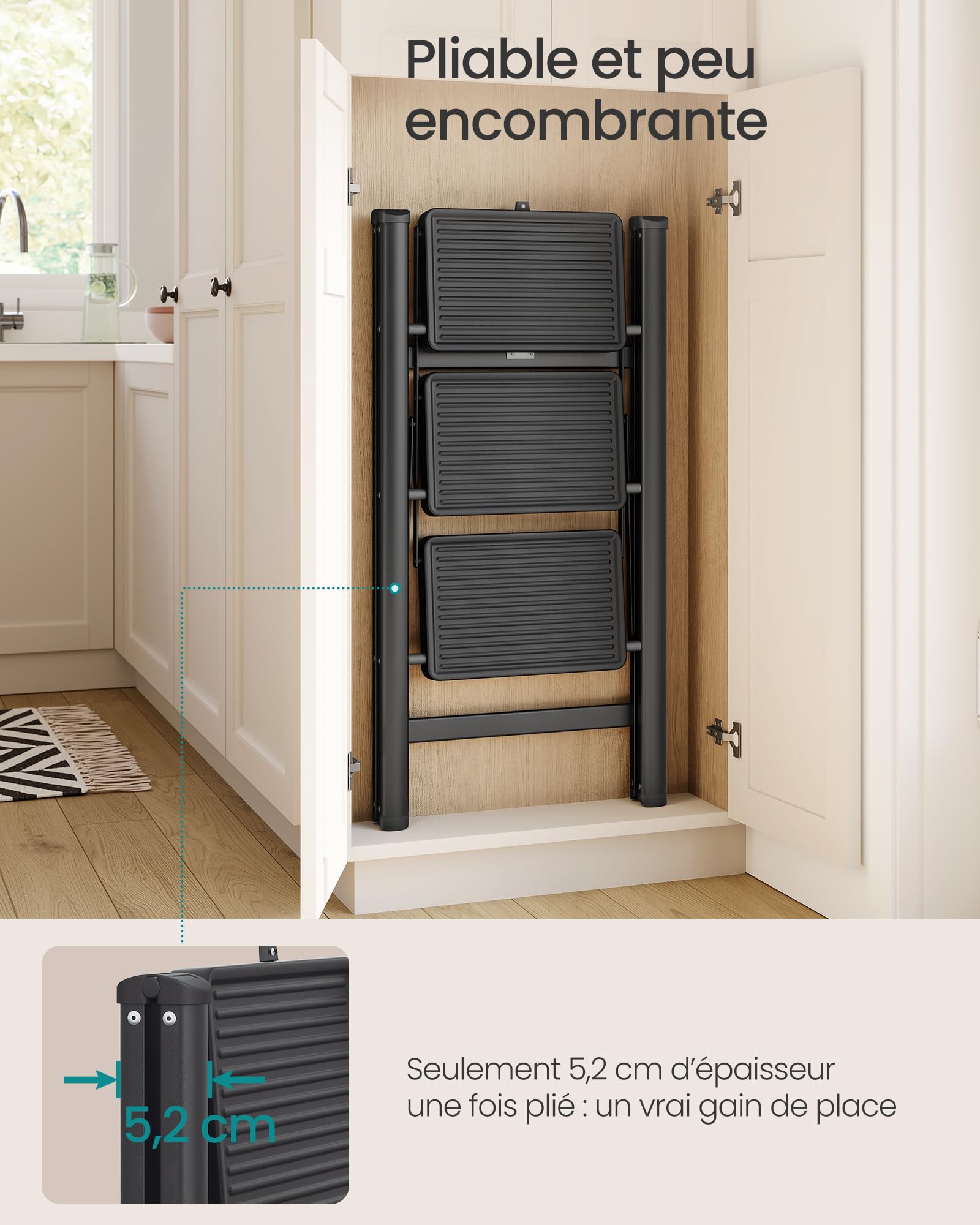 SONGMICS Escabeau Pliable, Marchepied 3 Marches, Supporte 150 kg, Échelle en Acier, Facile à Ranger, pour Maison, Bureau, Noir, 73,5 x 43,4 x 85,5 cm GSL103BZ01