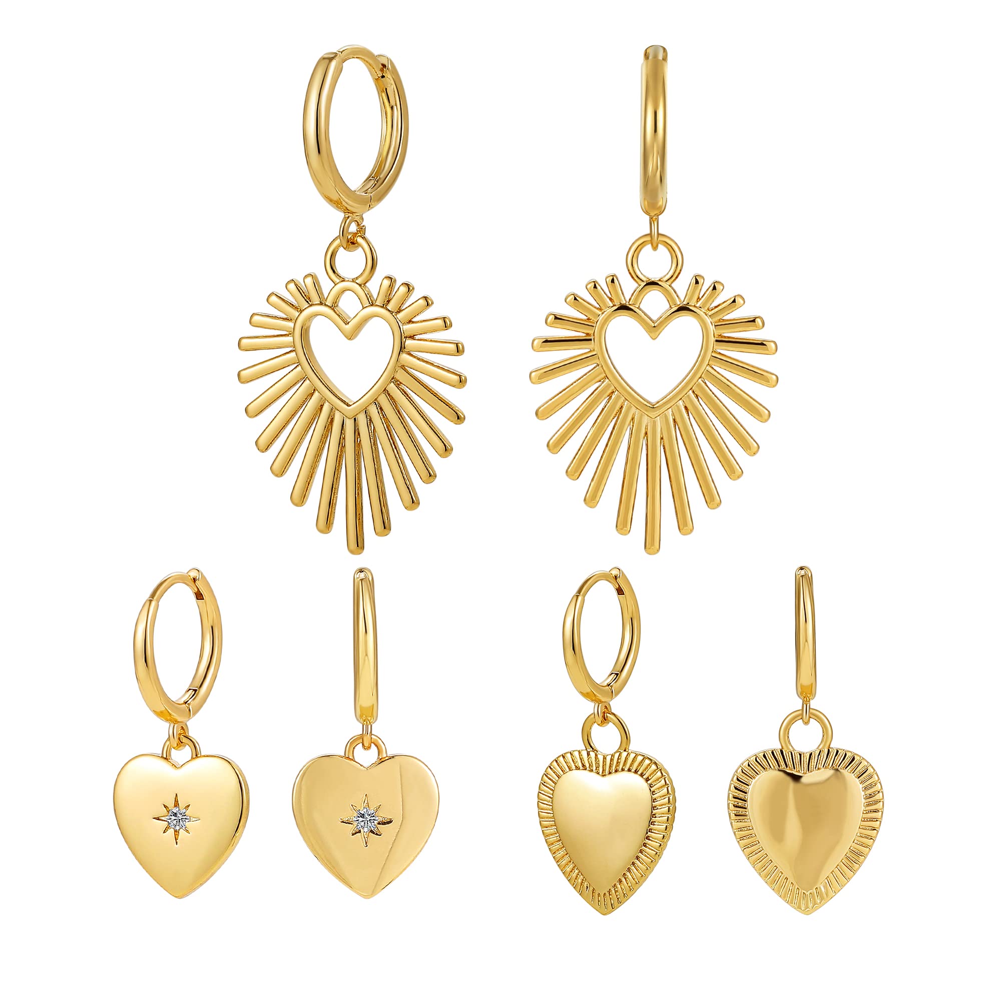3 Pairs 14K Gold Plated Heart Dangle Drop Earrings Star Sun Hoop Earring Small Earrings, Sparkling Dainty Earrings for Women Gift