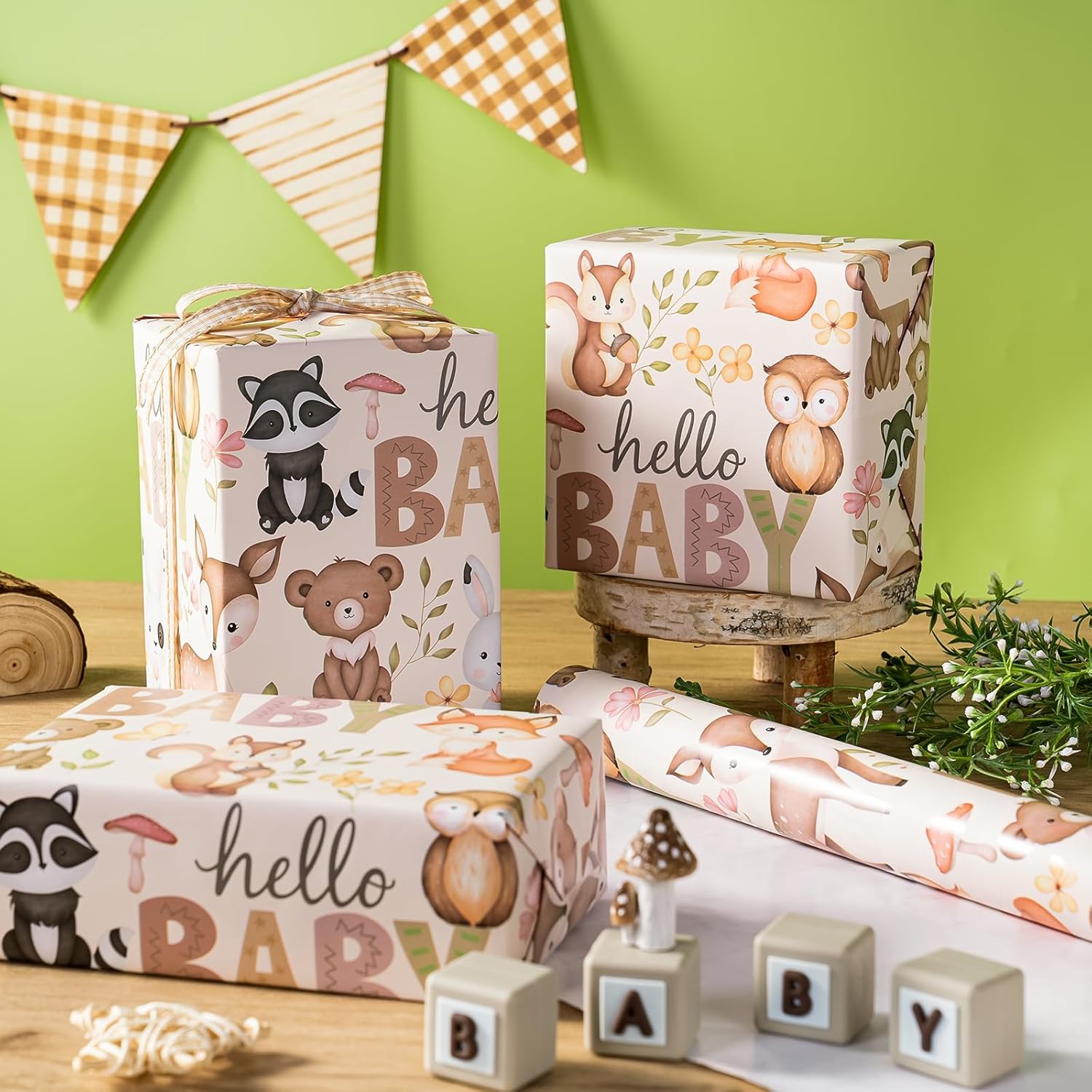 WRAPAHOLIC 30 Inch Baby Shower Wrapping Paper Roll - 30 Inch x 33 Feet - Little Woodland Animal Wrapping Paper for Baby Shower, Kids Girls Boys Birthday