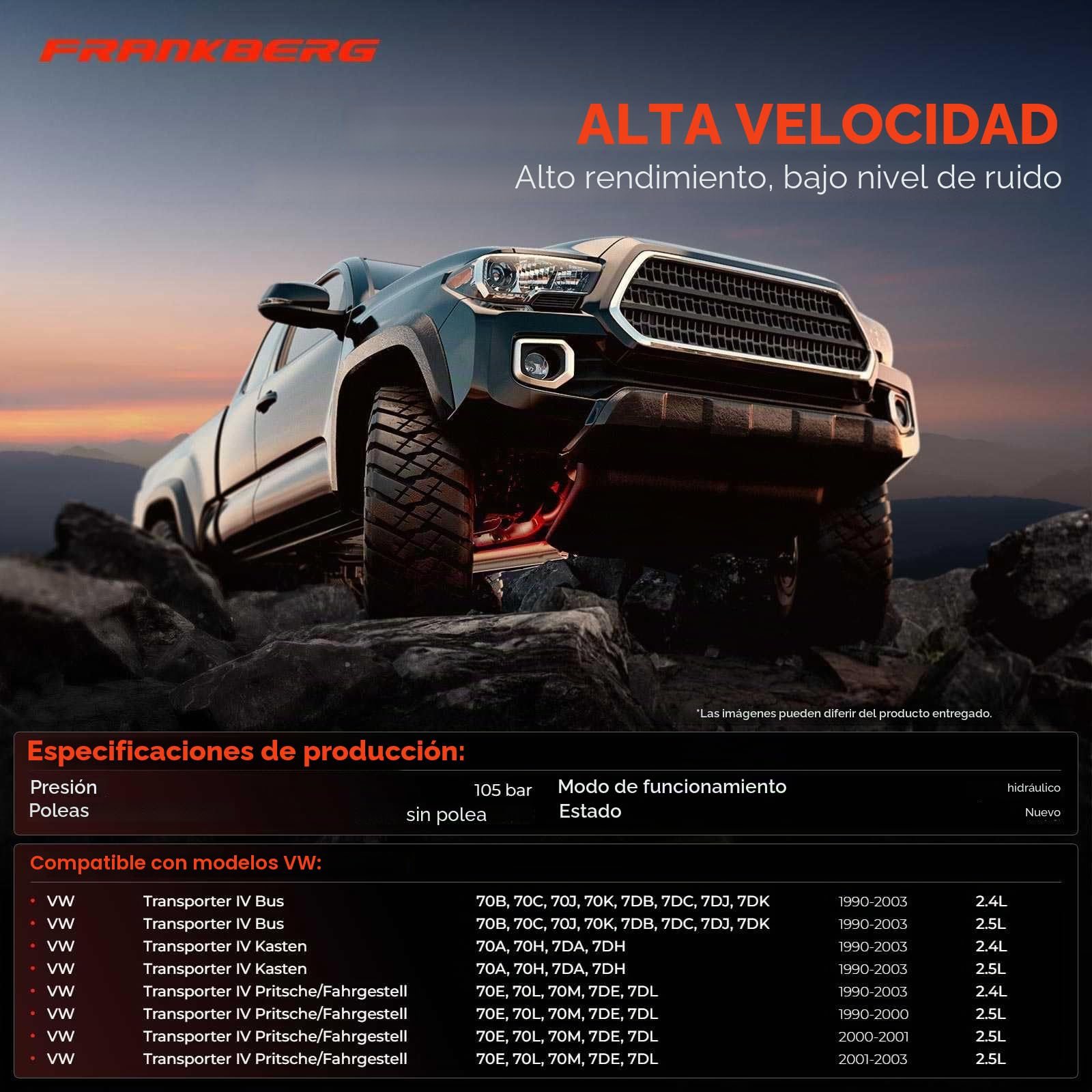 Frankberg Bomba de la dirección asistida Compatible con Transporter IV Bus 70B 70C 70J 70K 7DB 7DC 7DJ 7DK 2.5 TDI 2.5 TDI Syncr.o 2.5 Syncr.o 2.5 2.4 D 2.4 D Syncr.o 1990-2003 074145157C,7D0422155