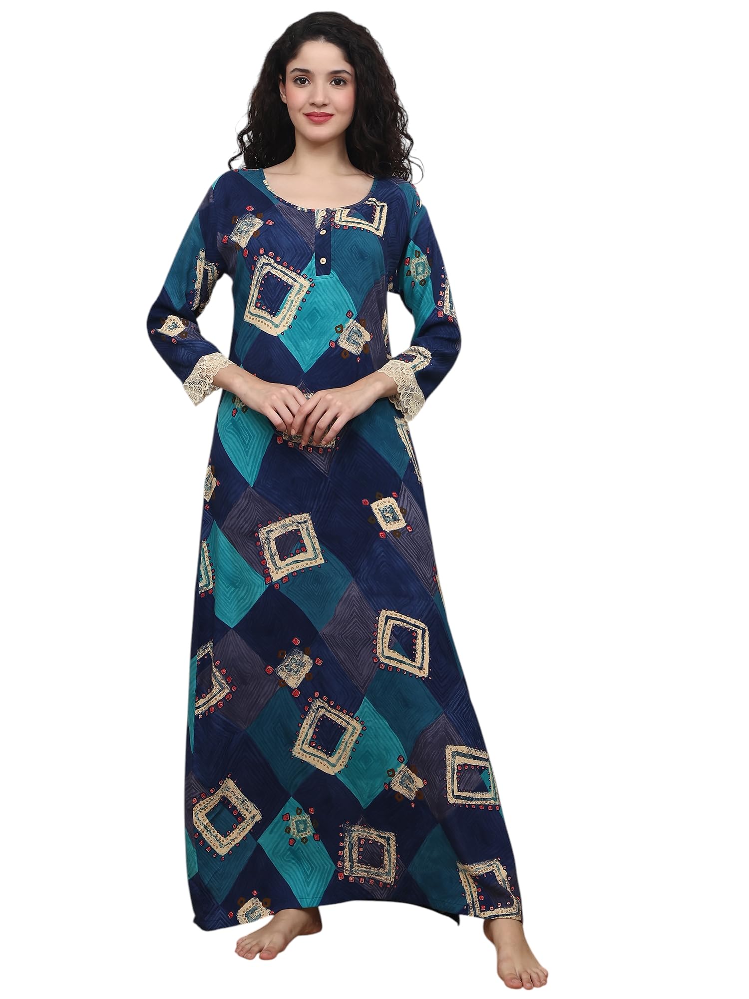 Women's Geometric Print Long Maxi Night Dress, Navy Blue and Turquoise, Full Length Cotton Gown with Lace Detail, Button Front Design-image-41