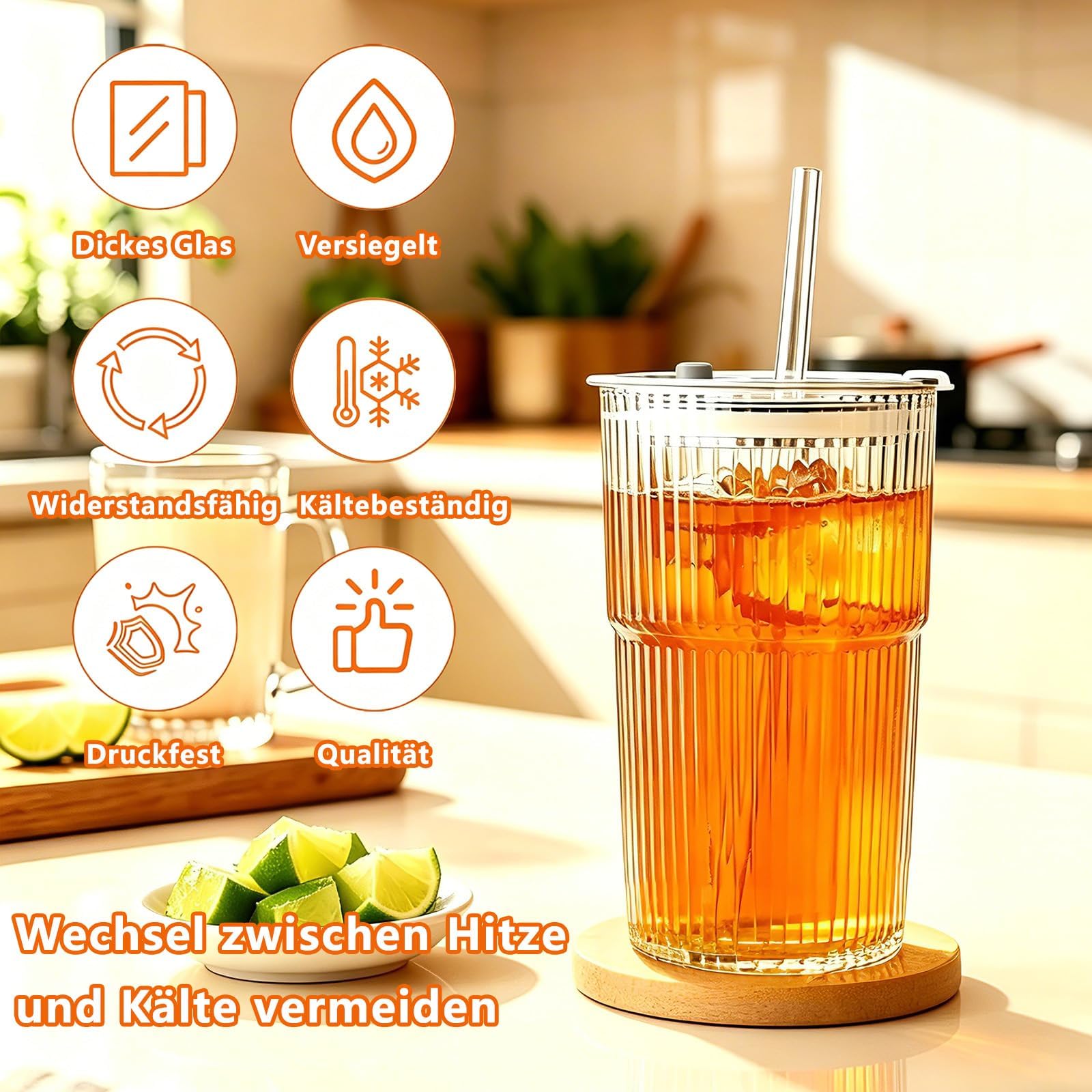Tazze di vetro a righe, 2 parti, tazze di vetro, bicchiere da bere, bicchiere da long drink, bicchiere rigato con coperchio e cannuccia, bicchiere da 600 ml per smoothie, tazza di vetro, con spazzola