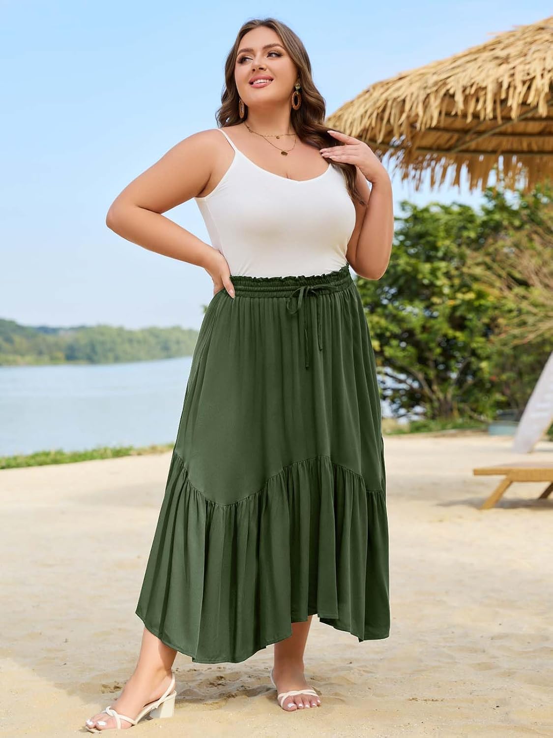Moon Wood Women's Plus Size Maxi Skirt High Waisted Ruffle A-Line Renaissance Asymmetric Skirts with Pockets for Beach Travel - Image 4