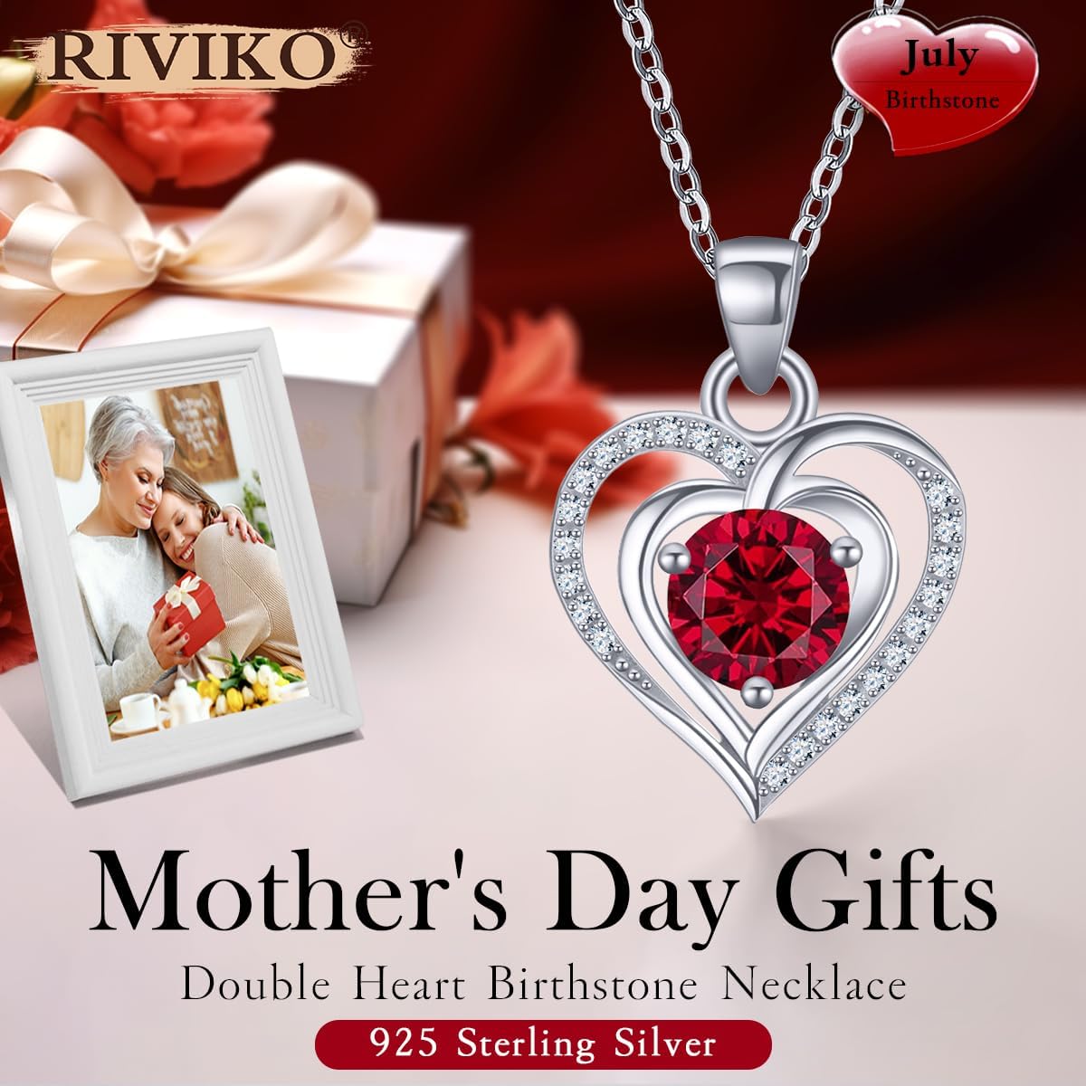 RIVIKO Heart Birthstone Pendant Necklace for Women 925 Sterling Silver Zirconia Necklaces Valentine's Day Anniversary Birthday Mothers Day Jewelry Gifts For Her Mother Wife - Image 2