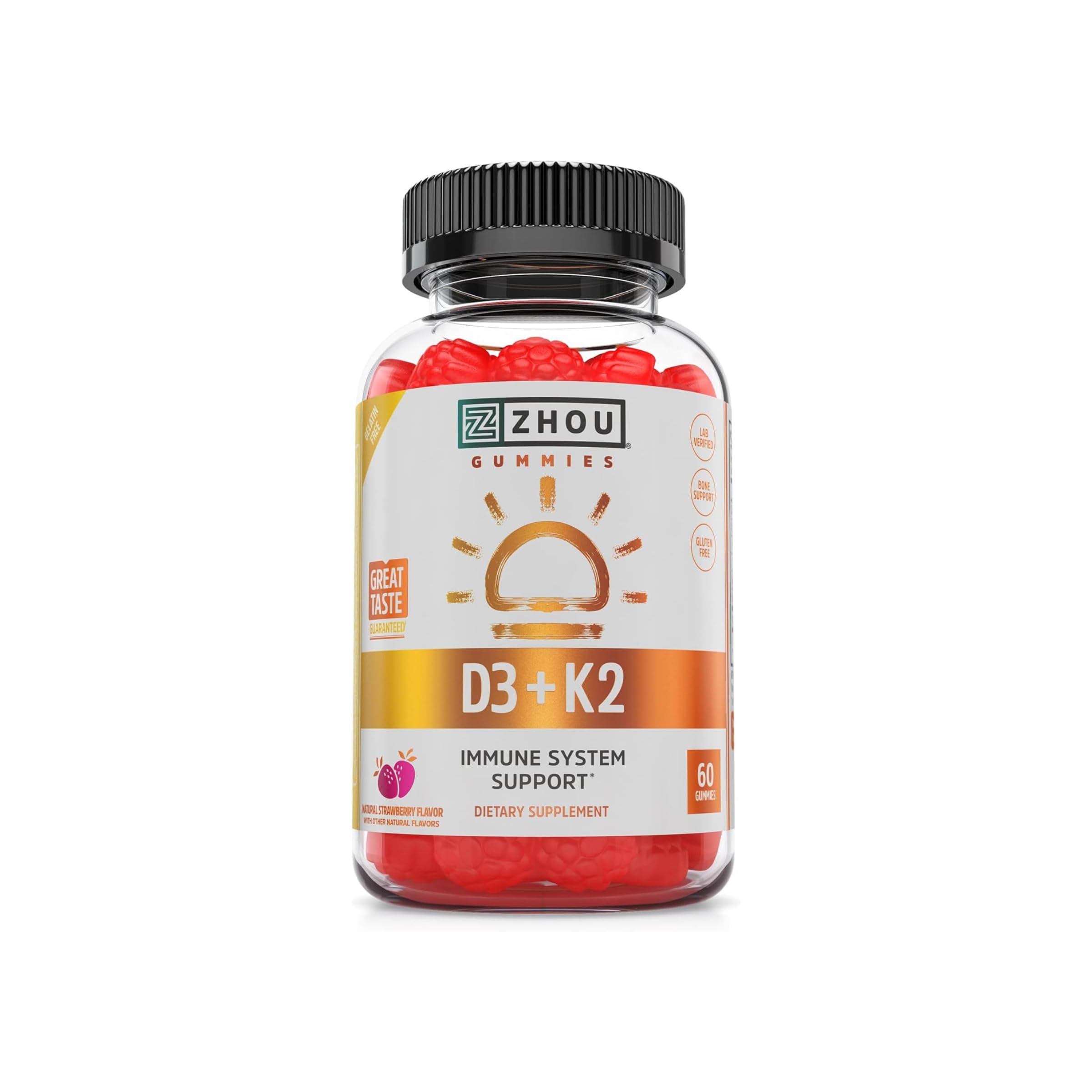 Zhou D3+K2 - Vitamin D3 K2 Supplement for Women & Men, Immune Support Vit D3 and K2 Gummy, Gelatin Free Formula with 5000 IU of D3 and MK-7 - 60 Veggie Gummies (Pack of 1)