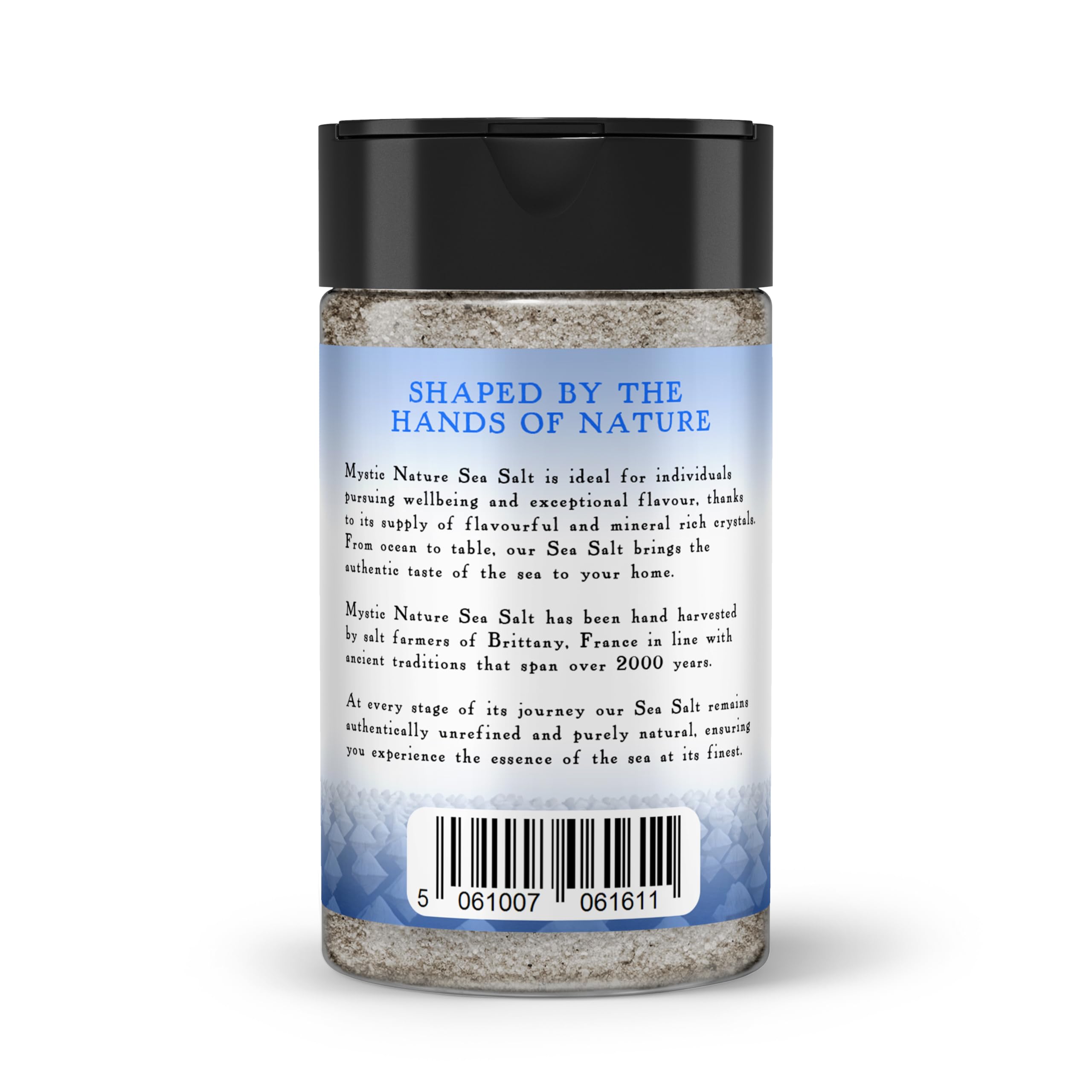 Mystic Nature Salero de mar celta – 300 g | Sal celta 100% natural sin refinar | Agitador cómodo de usar | Cristales de sal del mar celta cosechados a mano de Francia (sal molida fina)