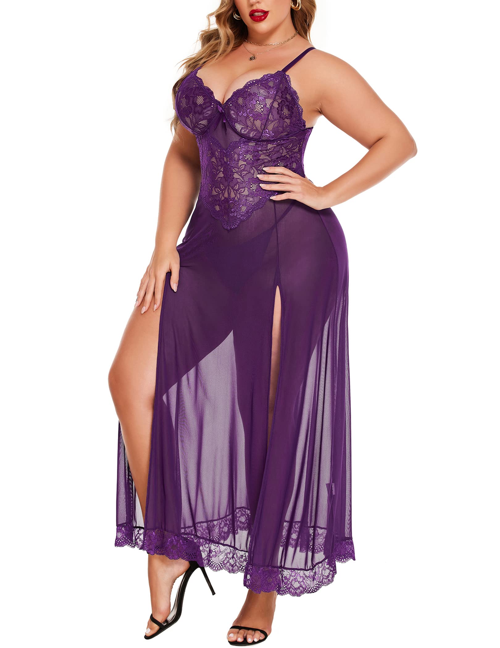 Avidlove Plus Size Lingerie for Women Sexy Lace Babydoll Long Lingerie Dress Side Split Nightgown: Violet XX-Large