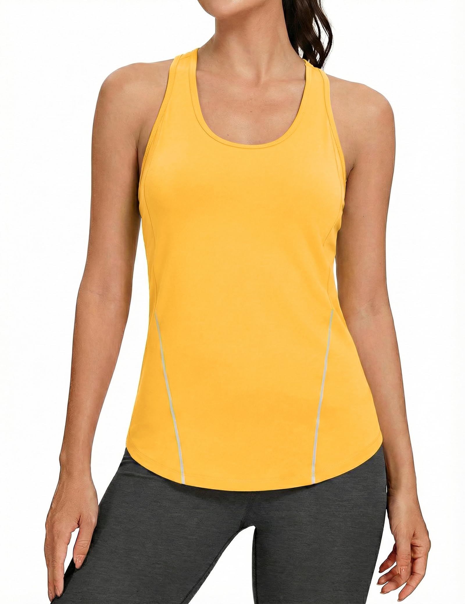 Gyabnw Camiseta Deportiva sin Mangas para Mujer Transpirable con Detalle Reflectante Cuello Redondo Bajo Curvo para Running y Entrenamiento
