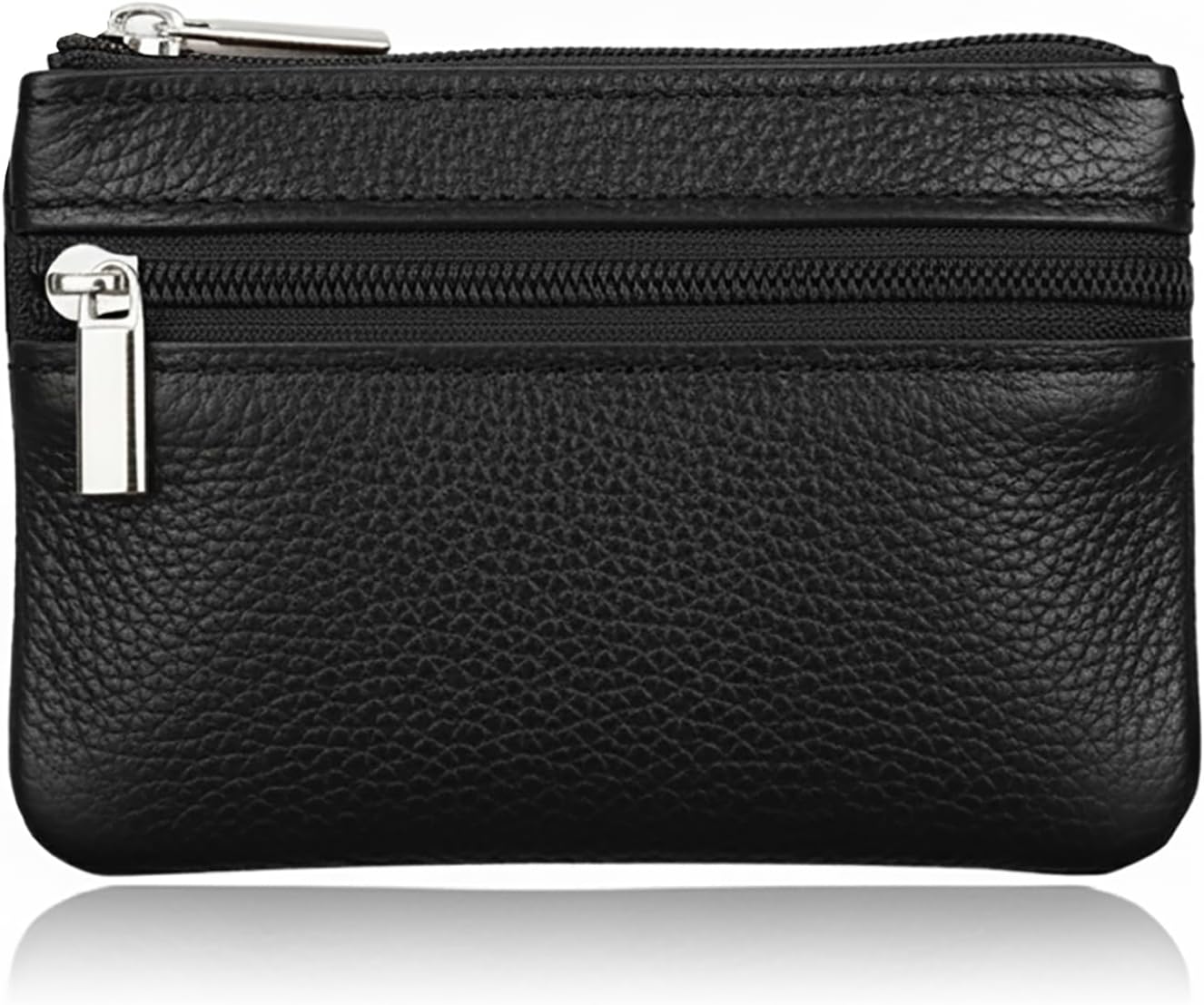 Black Small Mini Size Leather Coin Purse Change Pouch for Women Men Kids with Zip Key Ring