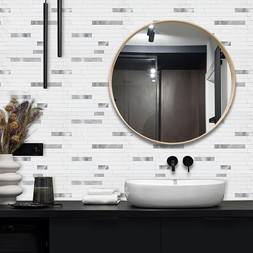 Miniatura 6 de Yipscazo Loseta en muro, de metal y piedra, para despegar y pegar, adhesiva, para cocina, baño, lavandería, cámper y chimenea (12 x 12 pulgadas, 20