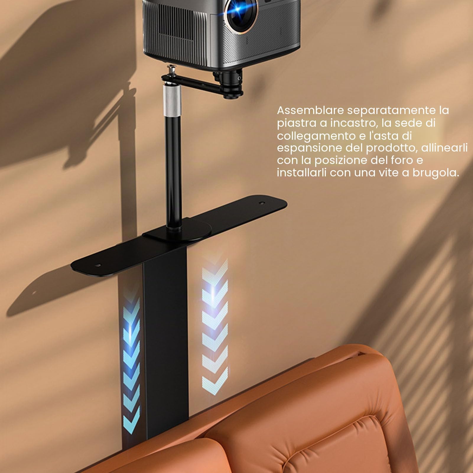 Supporto per Proiettore per Testiera del Letto, Schienale del Divano, Altezza Regolabile, Girevole a 360 Gradi Inclinabile a 90 Gradi, Supporto per Proiettore con Struttura in (Bianco)