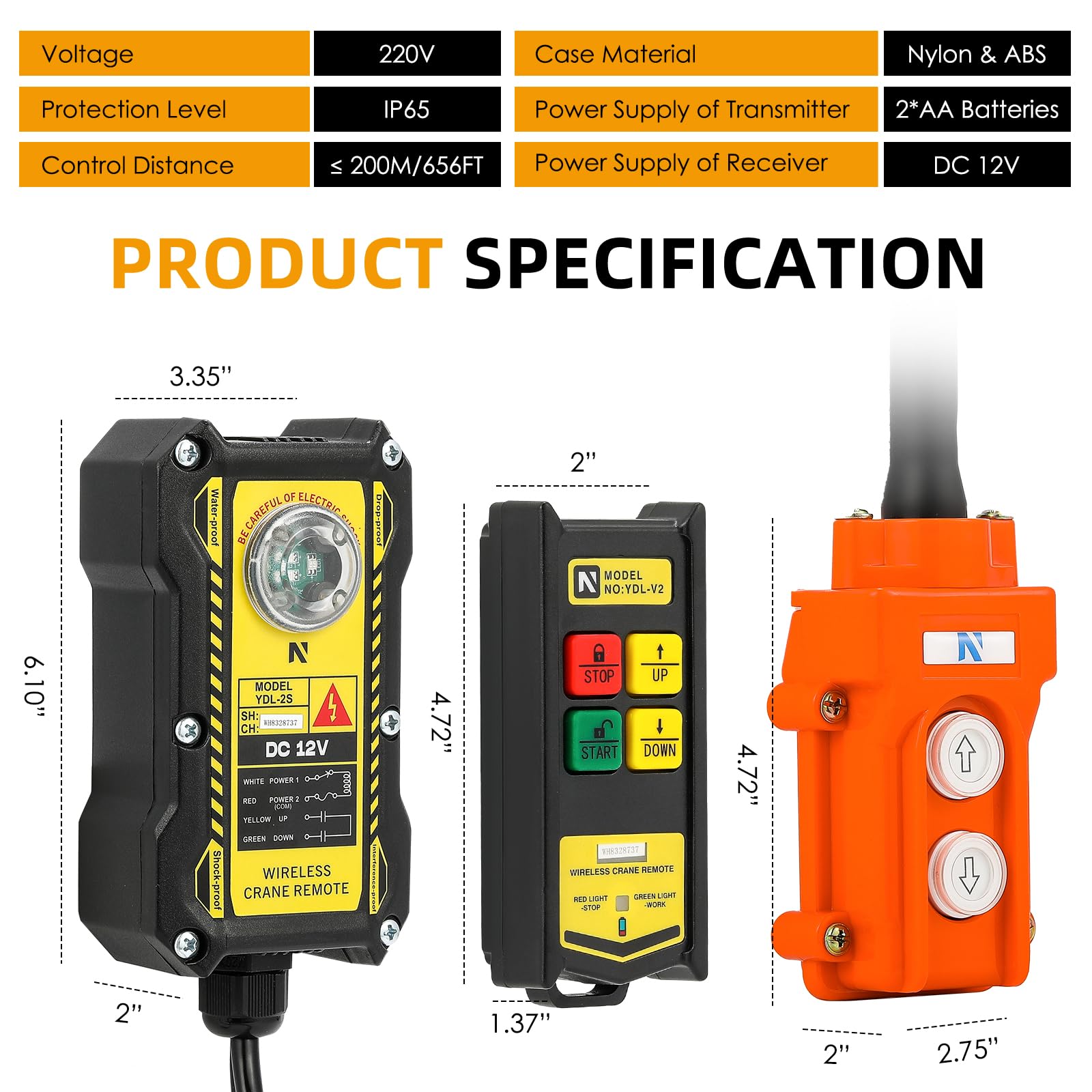 NEWTRY Telecomando per gru da 12 V, 2 in 1, controllo via cavo e senza fili, portata di controllo radio 200 m, 4 tasti, per attrezzature di sollevamento industriali, camion, gru, interruttore di