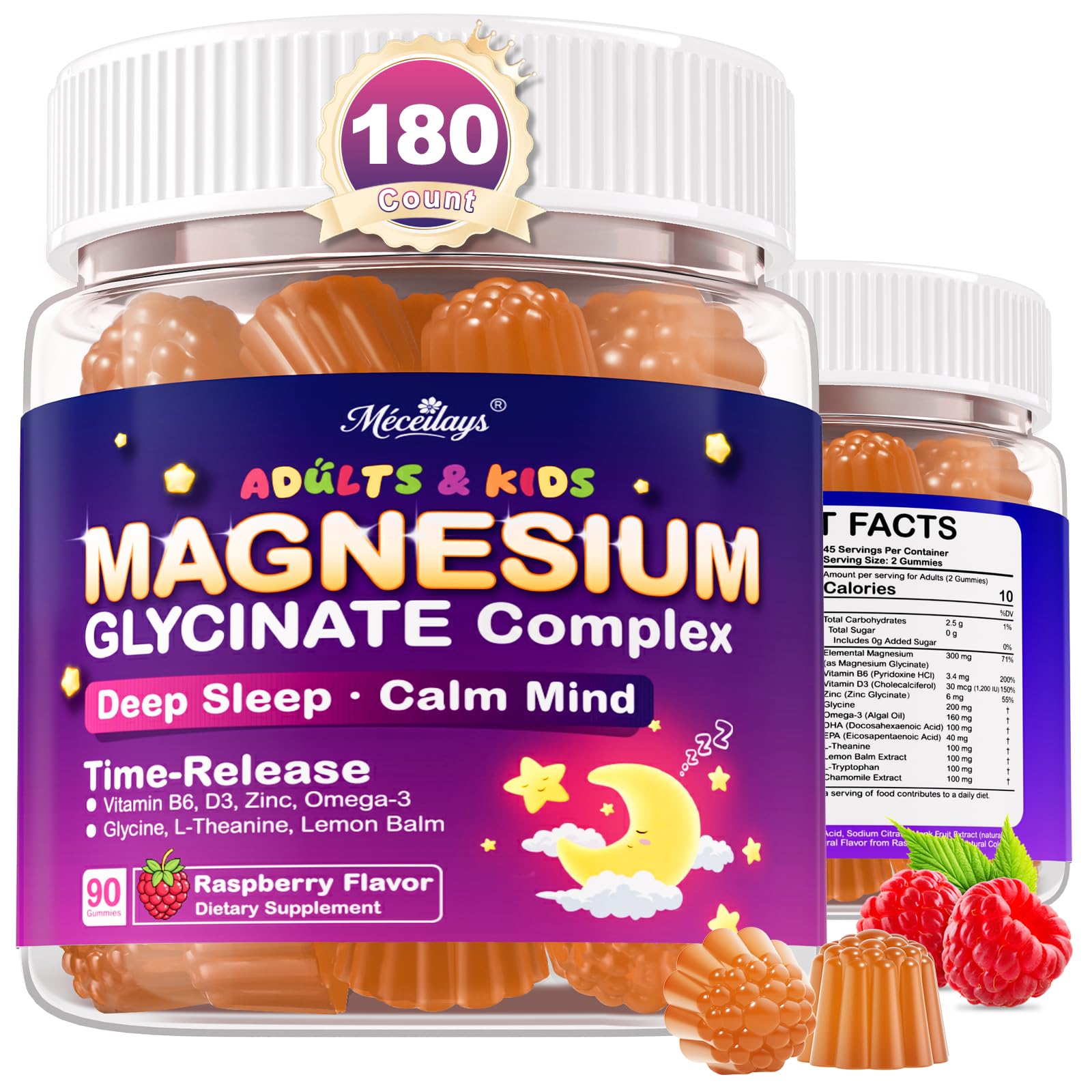 Magnesium Glycinate Gummies for Kids 4+ & Adults, 180 Counts No Melatonin Magnesium Gummies for Sleep & Calm, Sugar Free Vegan with Glycine, L-Theanine, B6, D3, Zinc & Omega 3 - Raspberry Flavor 90 Count (Pack of 2)