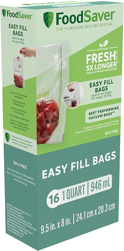 Bolsas selladoras al vacío FoodSaver Easy Fill de 1 cuarto de galón | Grado comercial y reutilizable | 16 cuentas