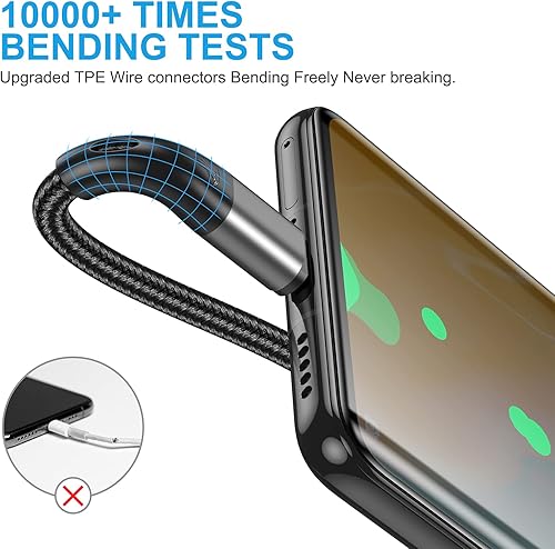 Miniatura 7 de Cable USB tipo C extralargo de 16 pies de carga rápida, paquete de 3 cables de carga rápida de nailon trenzado 3A de alta calidad, cable tipo C a A