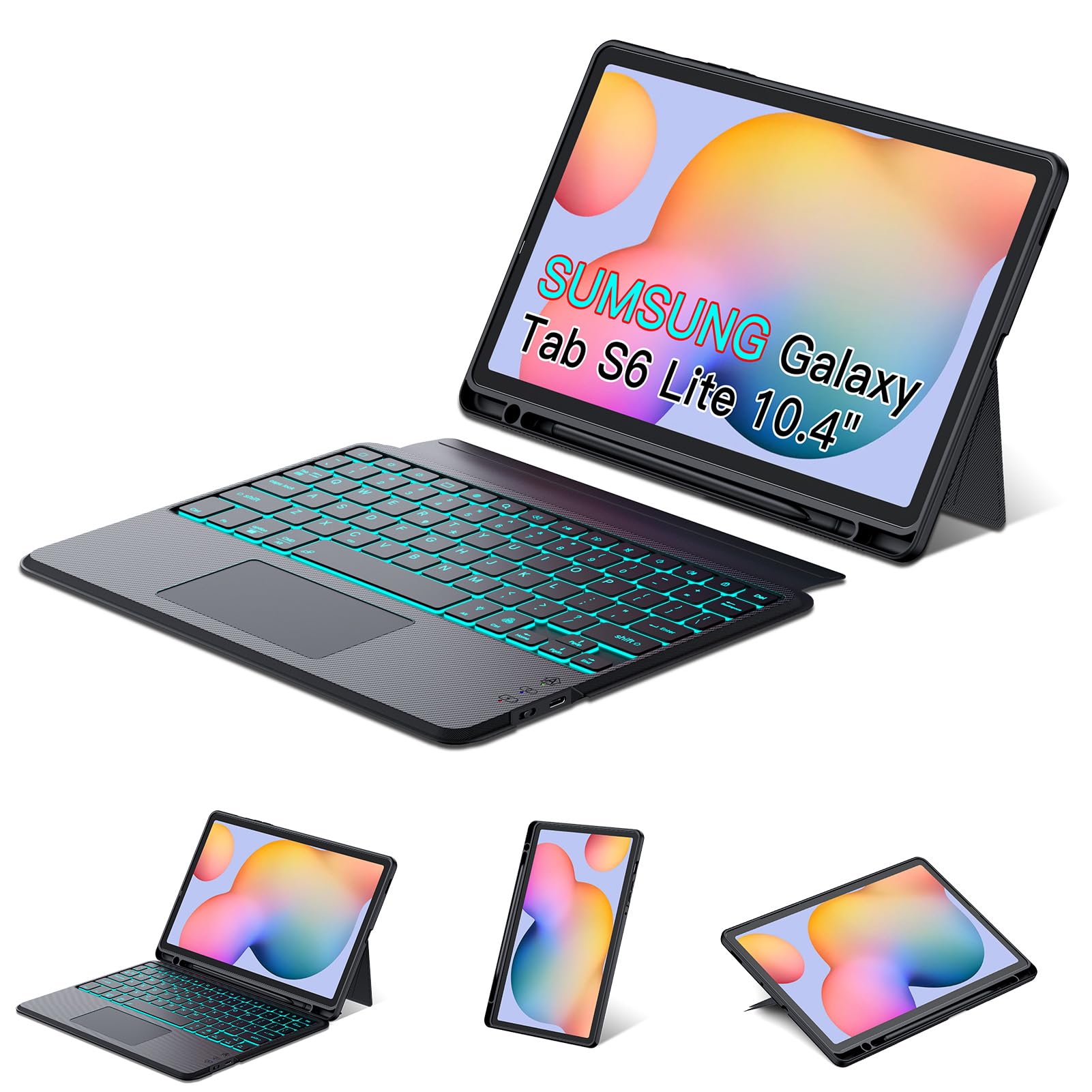 Trackpad Keyboard Case for Samsung Galaxy Tab S6 Lite 10.4 Inch 2020/2022/2024, 7 Color Backlit Magnetic Detachable Wireless Slim Keyboard for S6 Lite Tablet with S Pen Holder, Black