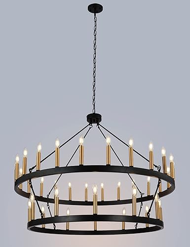 Miniatura 7 de yzzy Candelabro de 36 luces estilo vela de 2 niveles estilo vela colgante de 47 pulgadas, candelabros de hierro forjado para sala de estar, pasillo,