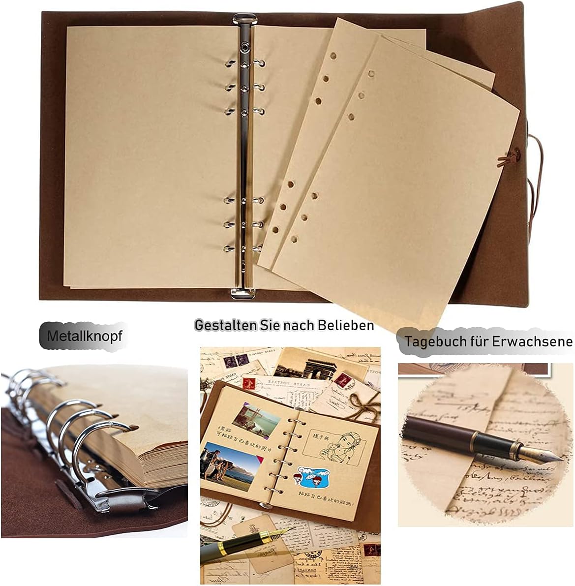 Aomiduo Notebook A5 Journal Vintage PU Leather Refillable Travel Journal with Heart Pendant Acid-Free Paper Best Gift Idea 100 Sheets/200 Pages 80GSM - Image 4