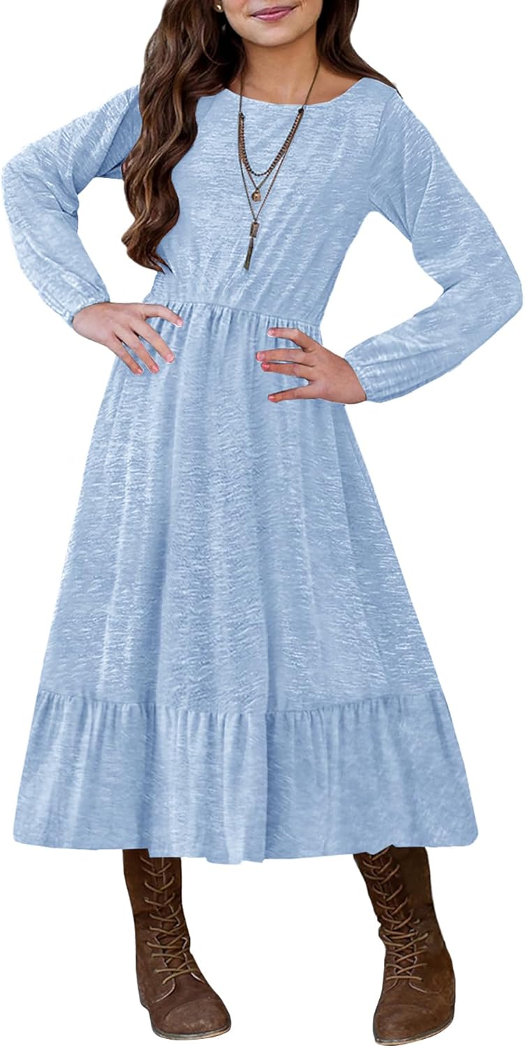 MITILLY Girls Fall Boho Dress Kid Long Sleeve Tween Casual Ruffled Hem Swing Loose Flowy Tiered Midi Dress with Pockets