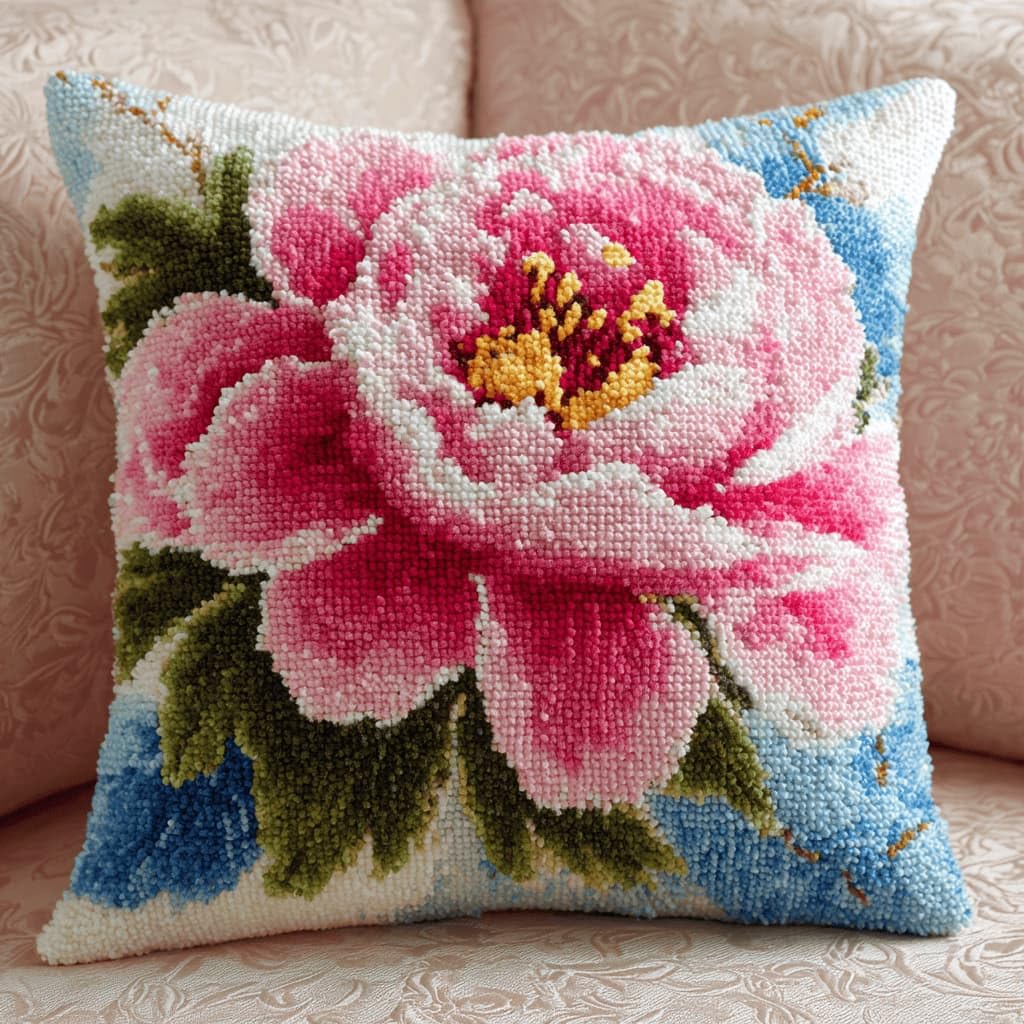 Kitquiver Beginner Latch Hook Cushion Kit,Peony Decor Pillow Cover 43X43Cm