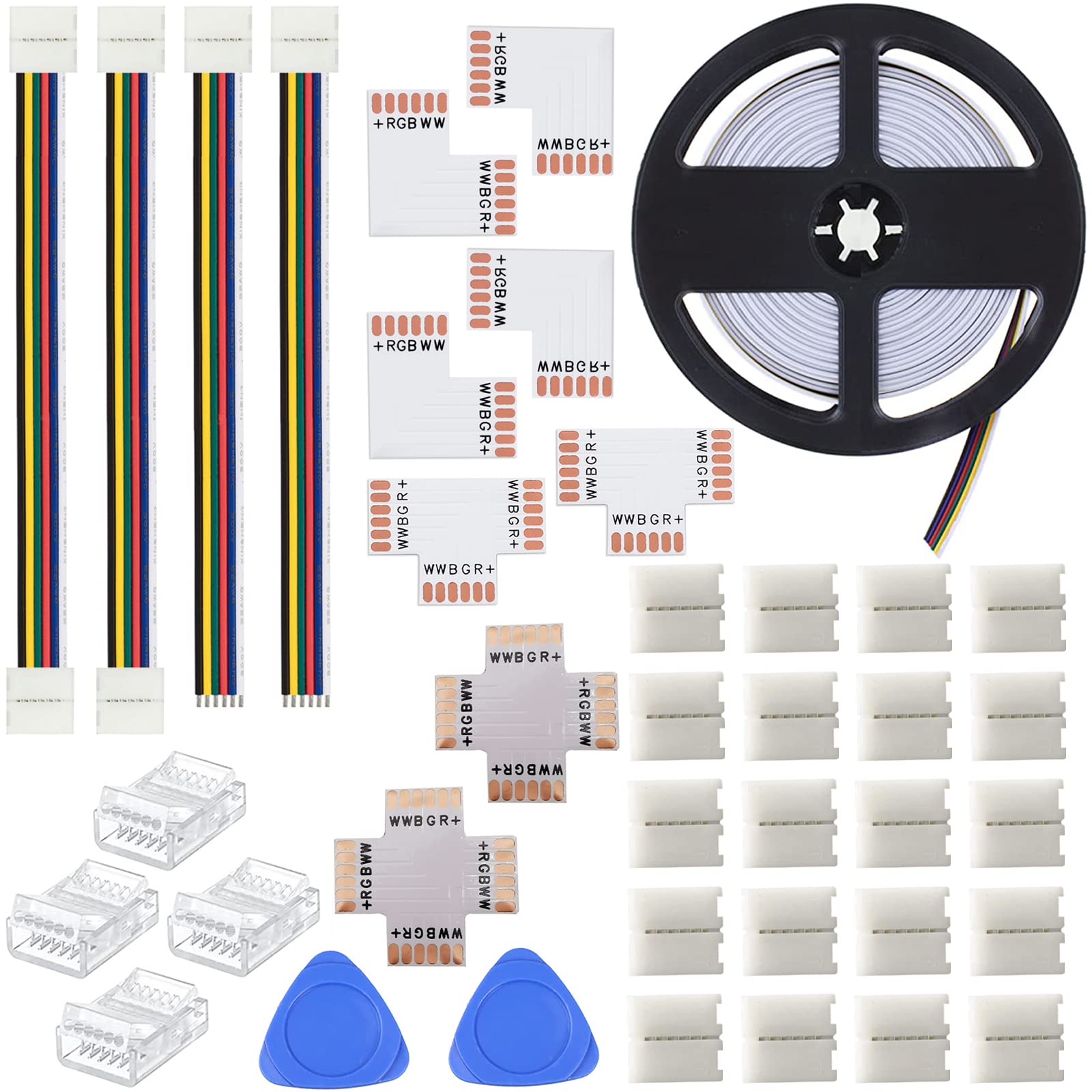 YAJIERUI 6 Pin LED Strip Connector Kit Include 16.4ft Strip Extension Cable T X L Shape Connectors 6Pin Connector Strip to Strip Jumpers for 12mm RGB+CCT LED Strip Light