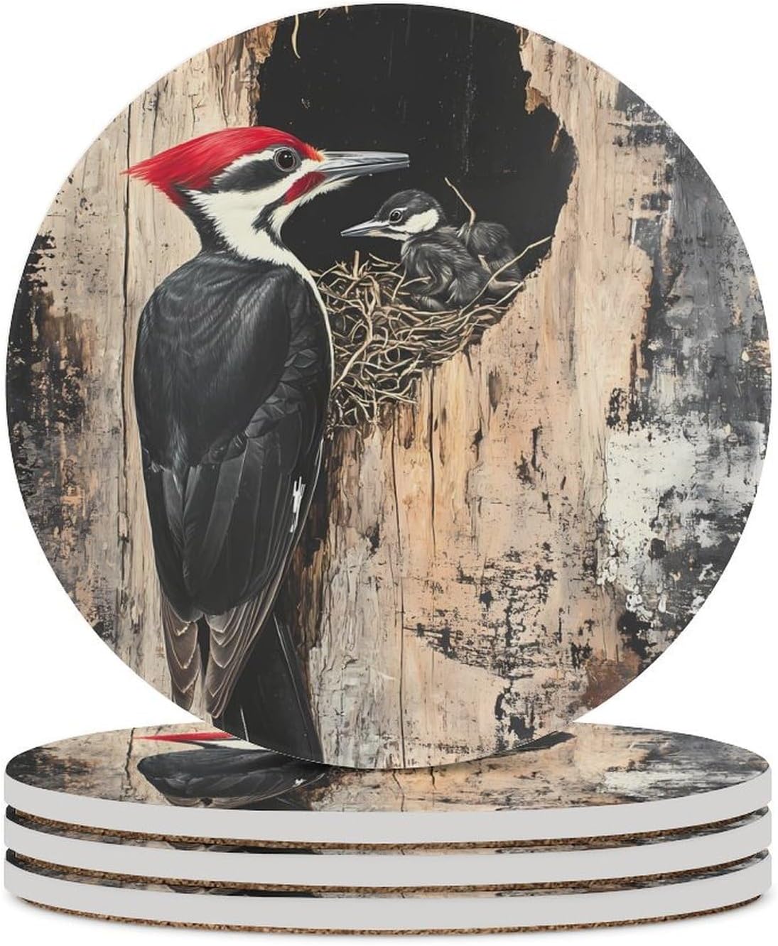 Pileated Woodpecker Round Ceramic Coasters for Drinks Absorbent Cup Holder Tabletop Protector with Cork Base