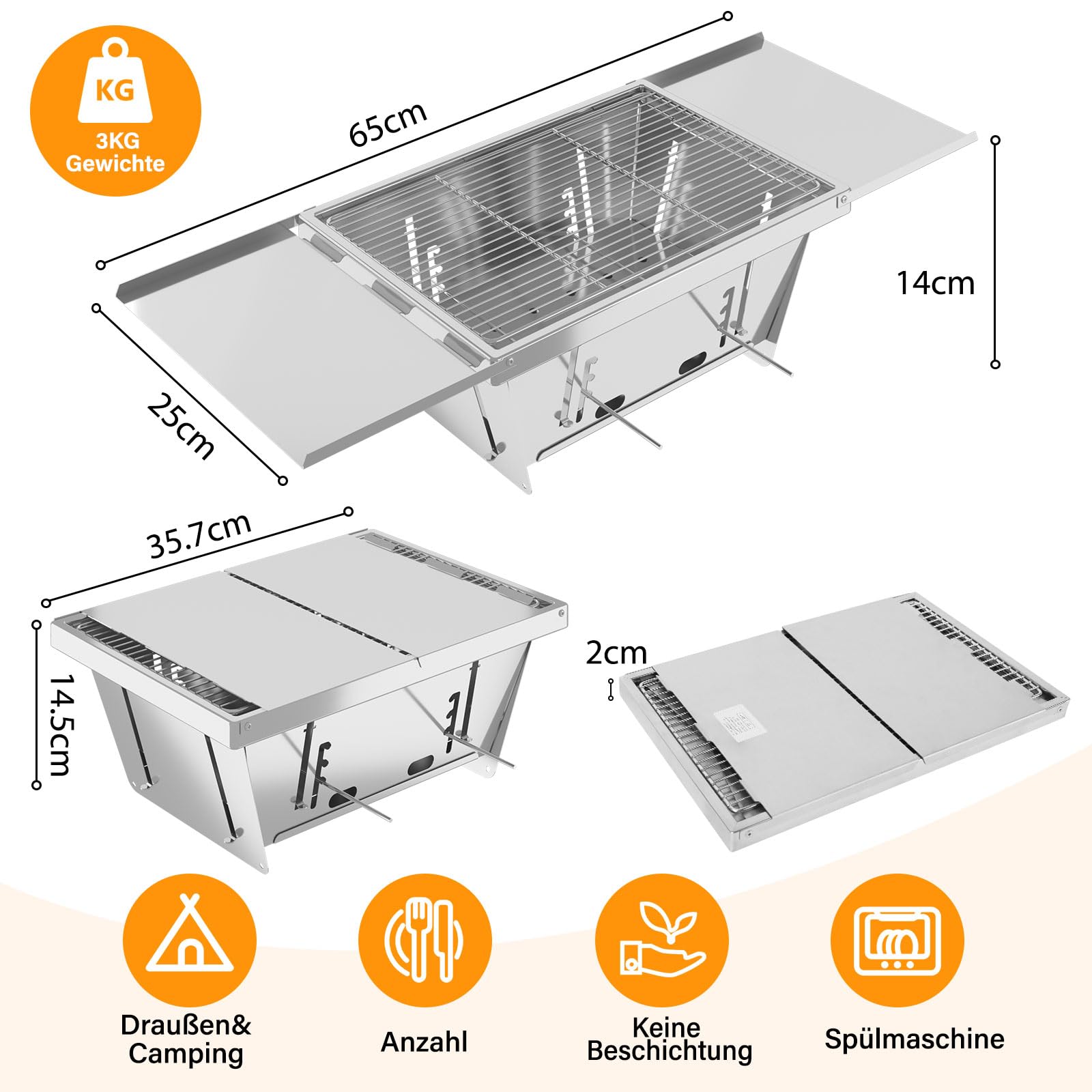 Dripex Klappgrill Holzkohlegrill - Schnell Aufklappbarer Tragbarer Campinggrill aus Edelstahl mit Tragetasche & Zubehör, Hitzebeständig & Formstabil für Camping, Picknick, Wandern, Garten (65x25x14cm)