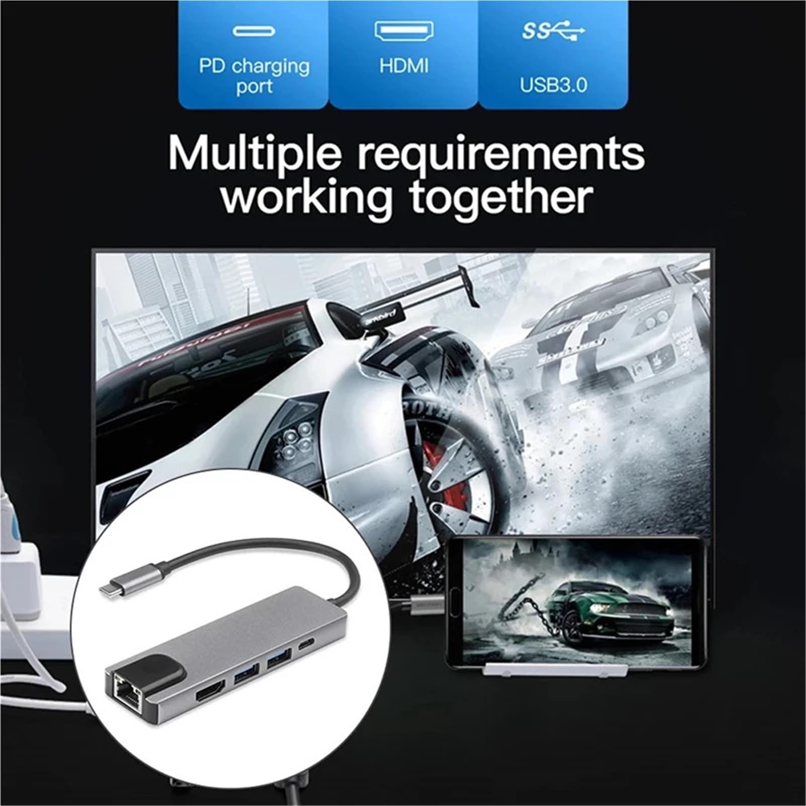 Stacja dokująca USB C 5/8 portów typu C na HDMI 4K/RJ45, rozdzielacz USB3.0 5 Gbps, szybki adapter USB C HUB do laptopa (8-w-1)