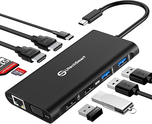 UtechSmart Estación de Acoplamiento para Laptop con Triple Monitor USB-C - Muelle de 11-en-1 con 2 HDMI, VGA, PD3.0, Ranura para Tarjeta SDTF, 4