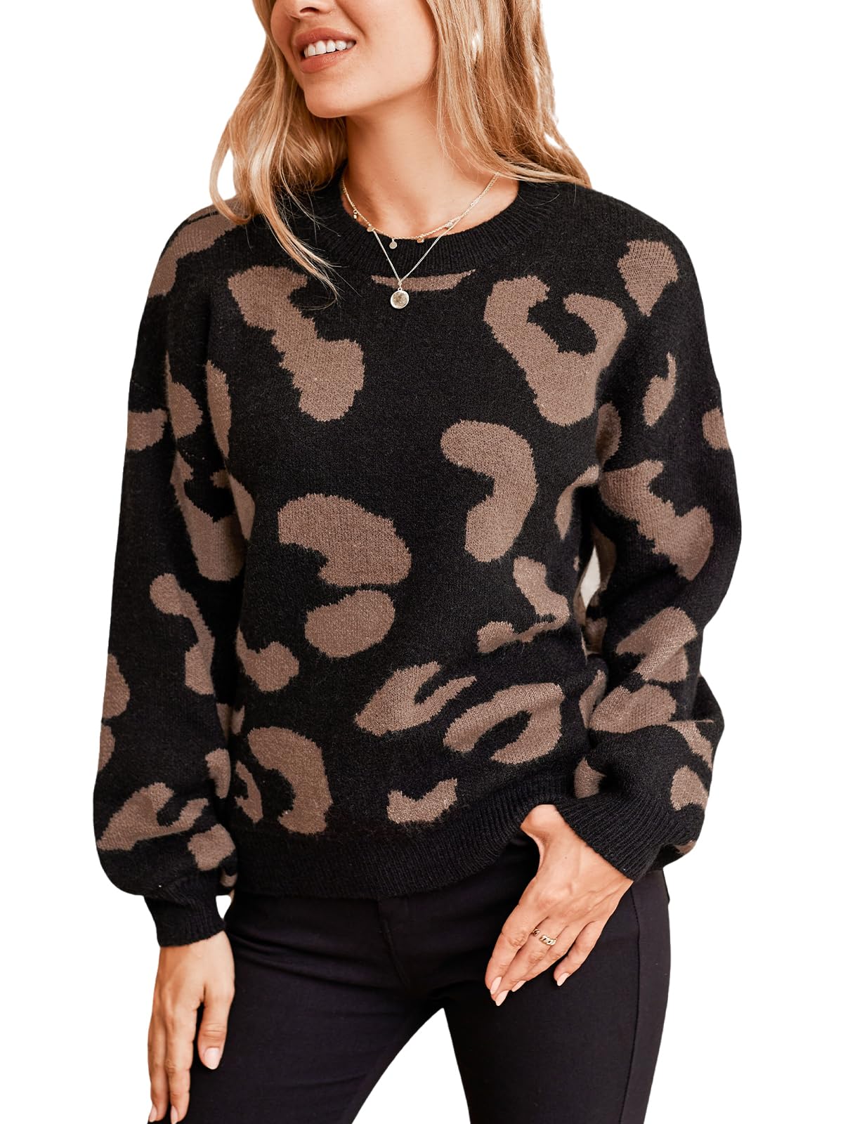 CUPSHE Women Sweater Round Neck Dropped Long Sleeves Animal Printed Ribbed Knit Jumper Tops