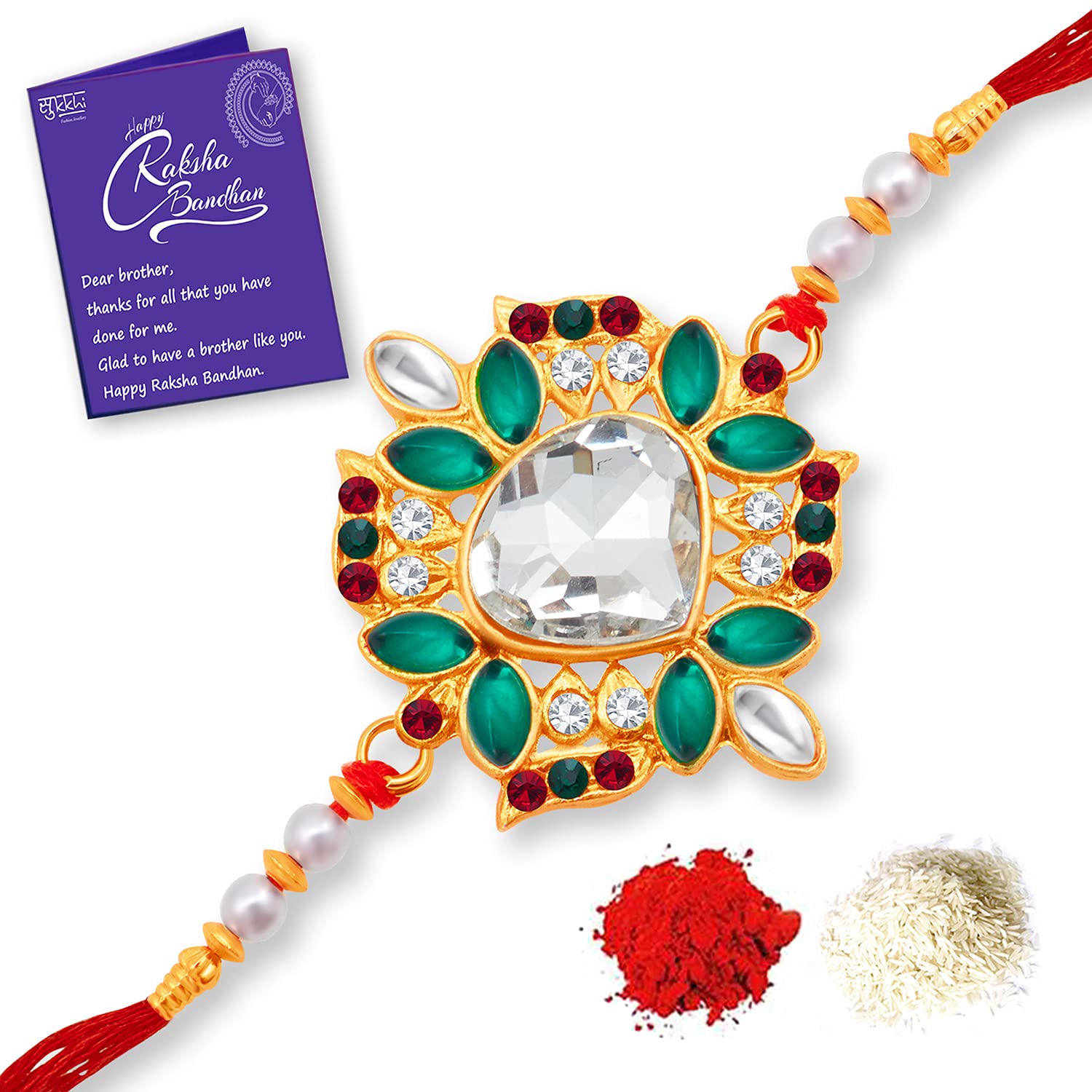 Sukkhi Rakhi Engaging Kundan Designer Gold Plated Premium Rakhi for Brother With Roli Chawal & Greeting Card | Rakhi for Bhaiya | Rakhi for MEN | Kundan Rakhi | (RAK100016) (B094157KVK) Amazon Price History, Amazon Price Tracker