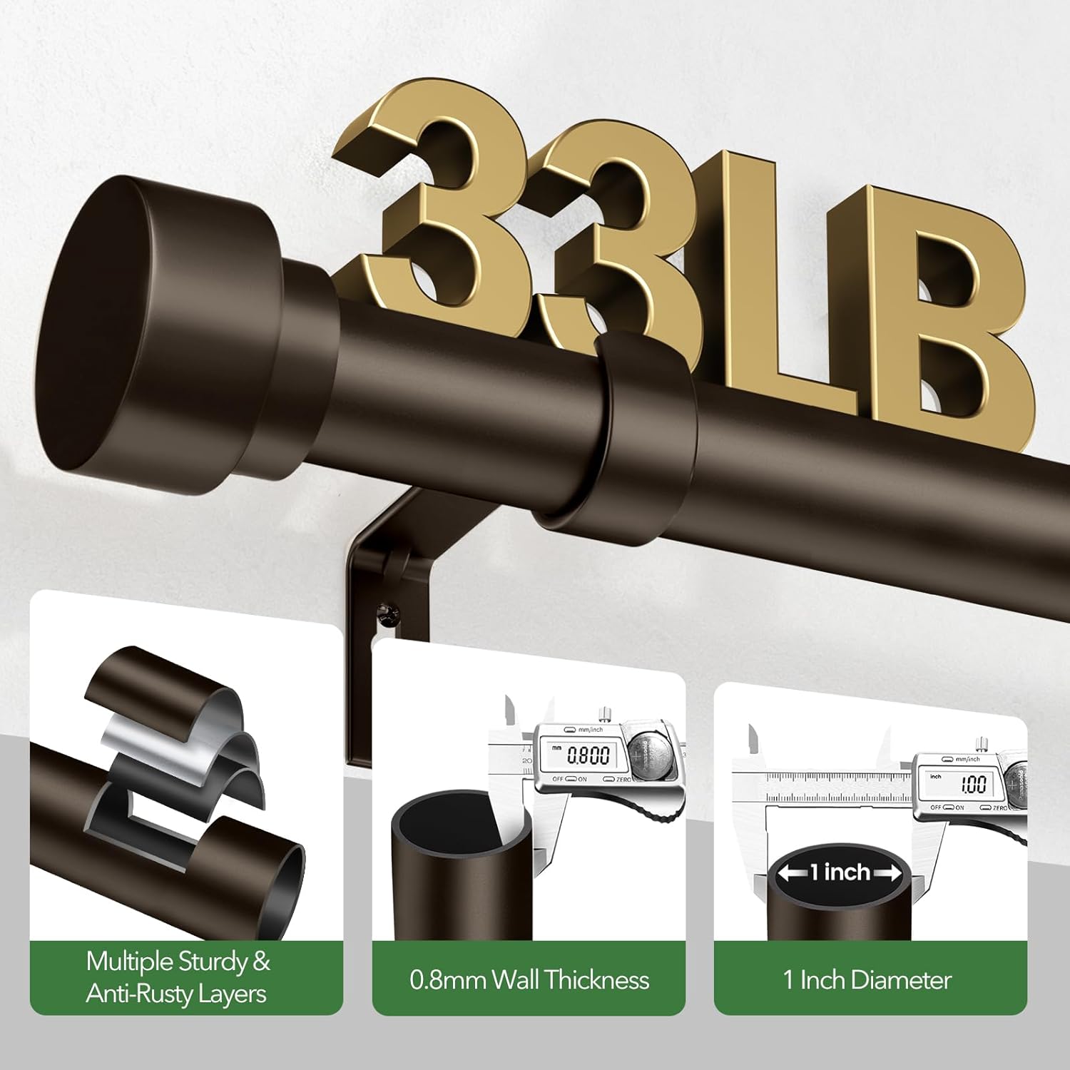 Curtain Rods for Windows 66 to 120, 1 Inch Adjustable Heavy Duty Long Window Outdoor Curtain Rod for Patio, Drapery Rods with Simple End Caps, Size 32"-120", Antique Bronze