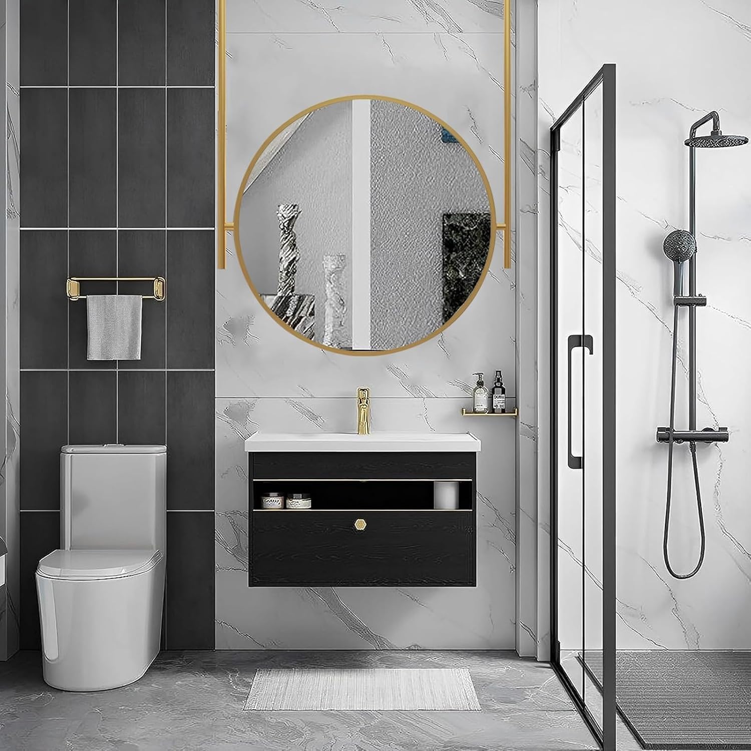 Ceiling Hanging Vanity Mirrors Metal Framed Wall Mirror For Bathroom Round Boom Mirror Decorative With Suspended Rods Wall Mounted Tempered Glass(Diameter-70CM/27.6INCH)