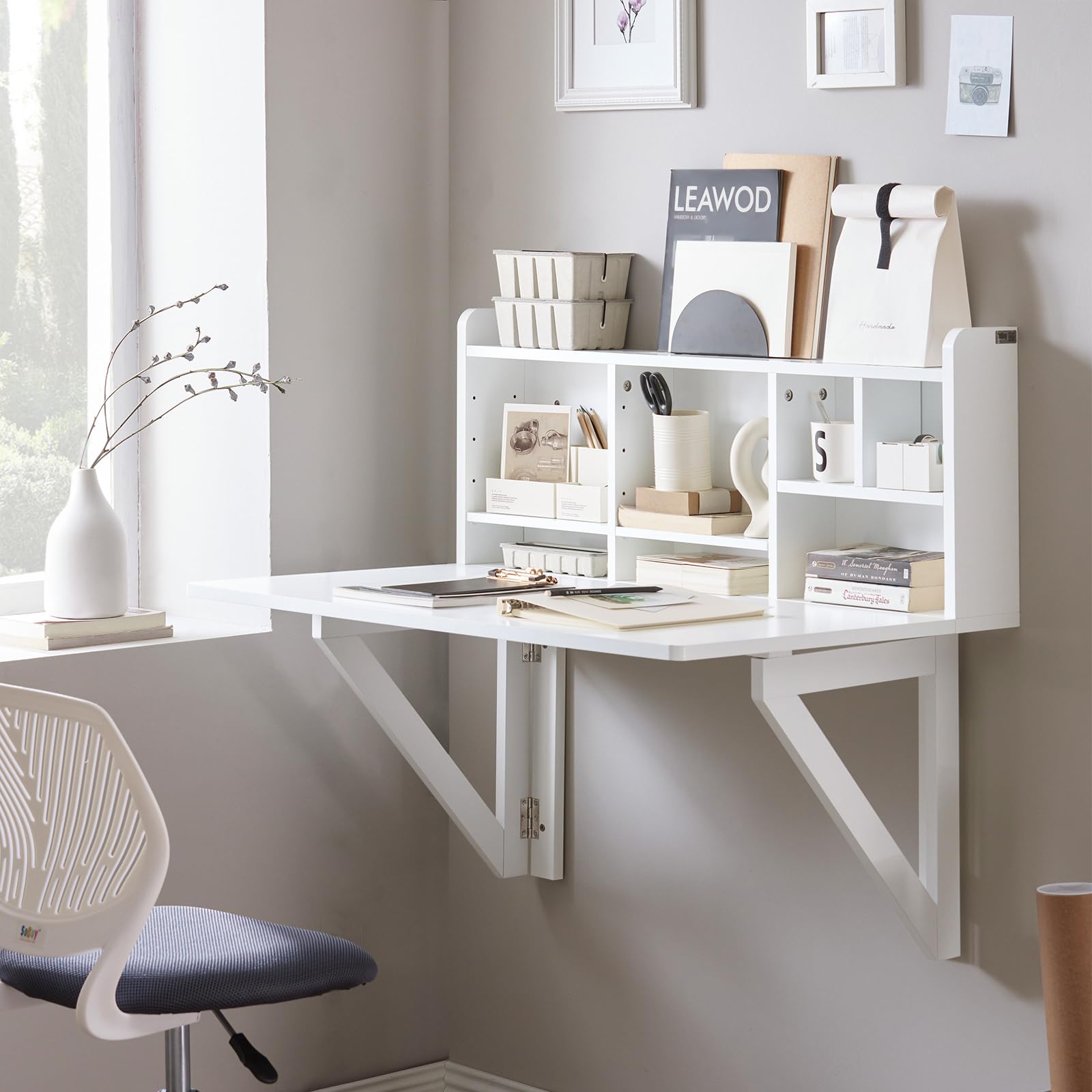 SoBuy Wandklapptisch mit Regal, klappbarer Schreibtisch Küchentisch klappbar, platzsparender Esstisch Wandtisch für Homeoffice, Wohnzimmer und kleine Räume, Weiß BHT ca. 90x78x60cm FWT07-II-W