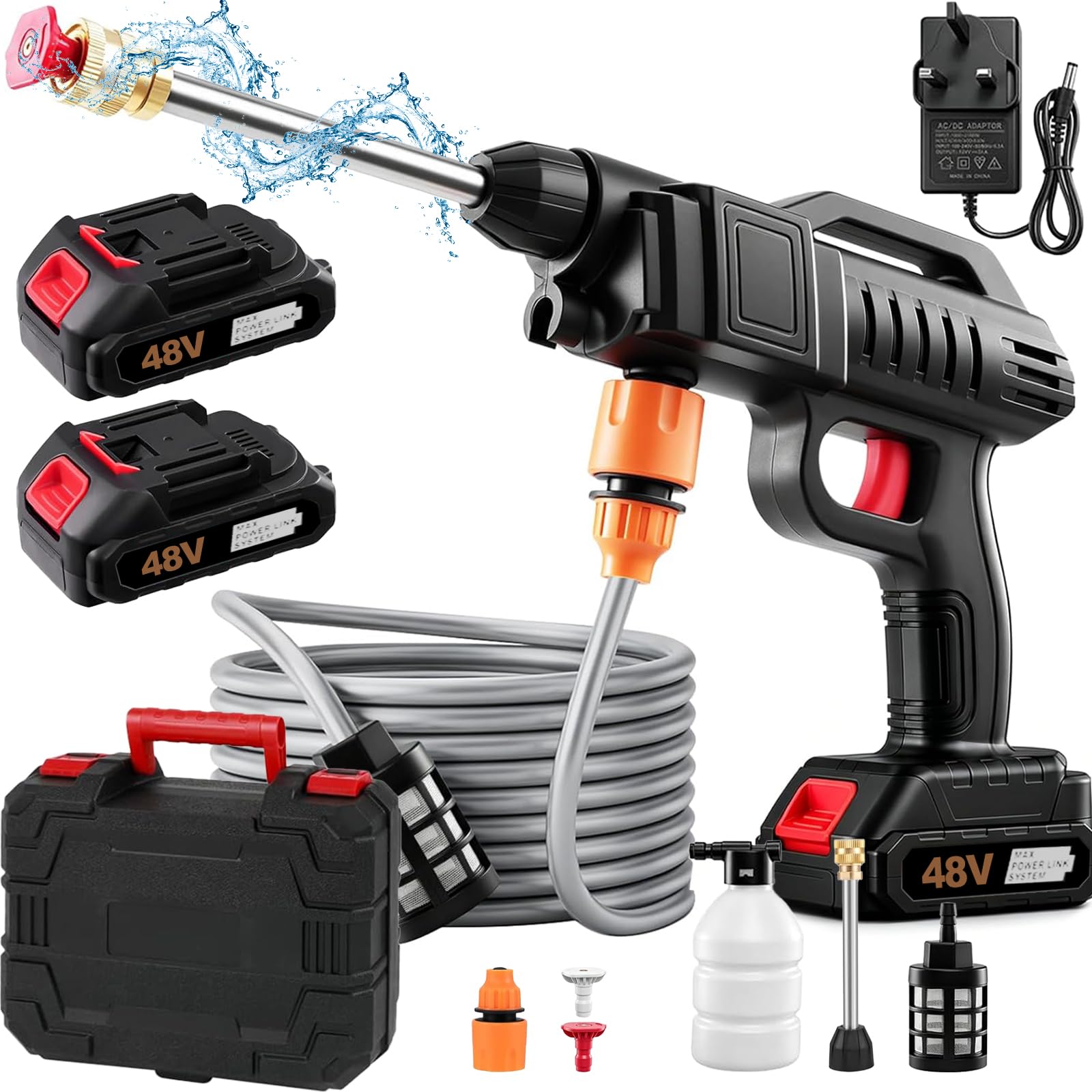 Hyhuiyin Cordless Pressure Washers 48V, Portable Power Washer Kit with 2 Batteries Storage Box 5M Hose & Replaceable Nozzles Spray Bottle for Cars, Patio, Driveway, Garden Cleaning